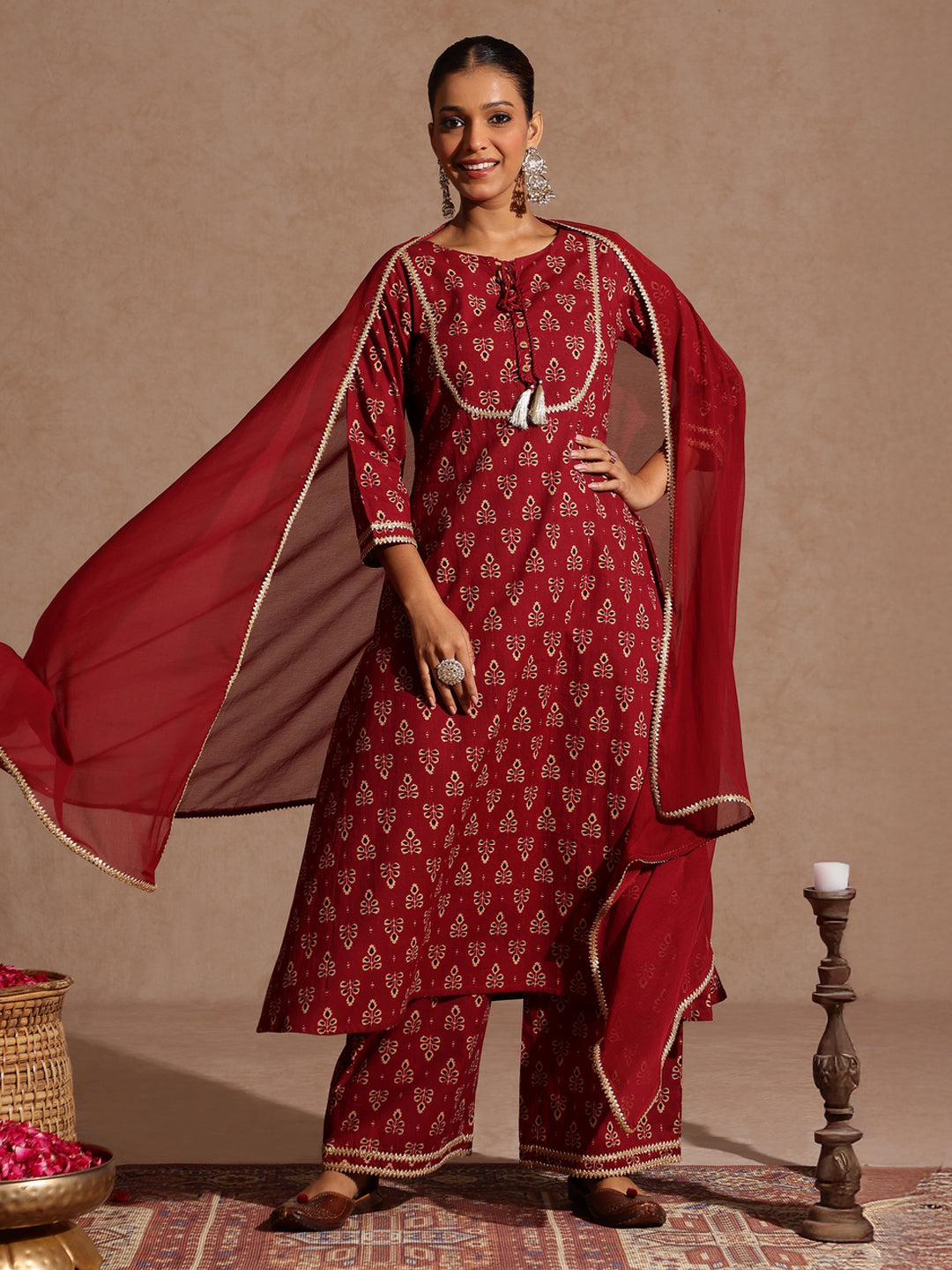 Naari By Shree Women's Maroon Pure Cotton Floral Printed A-line Kurta With Palazzo & Dupatta Set