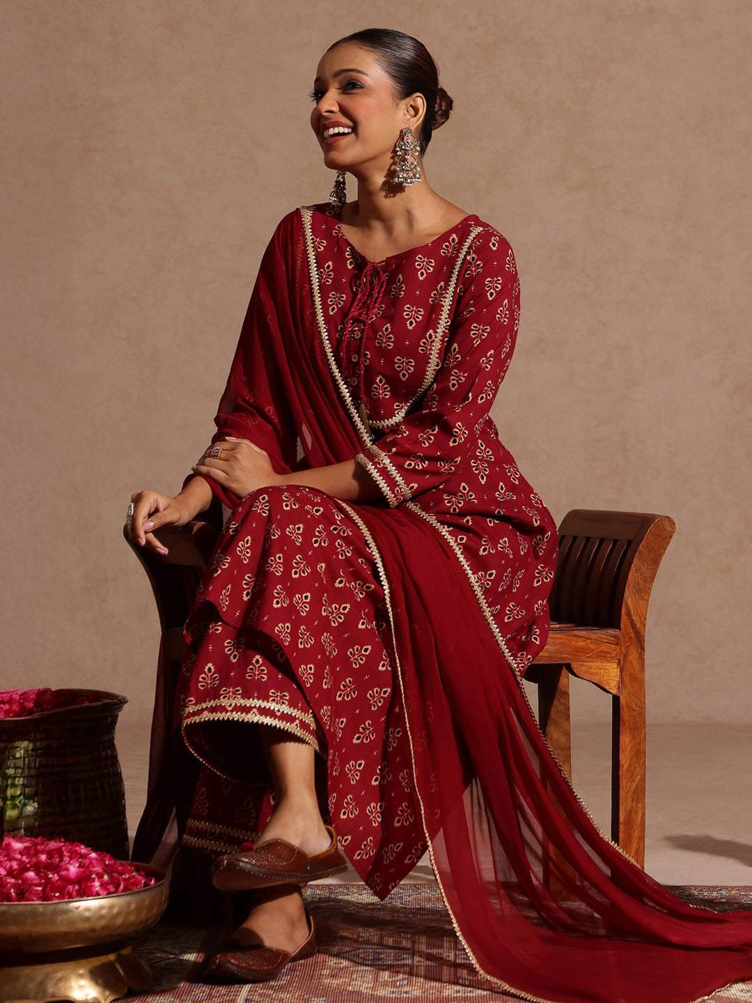 Naari By Shree Women's Maroon Pure Cotton Floral Printed A-line Kurta With Palazzo & Dupatta Set