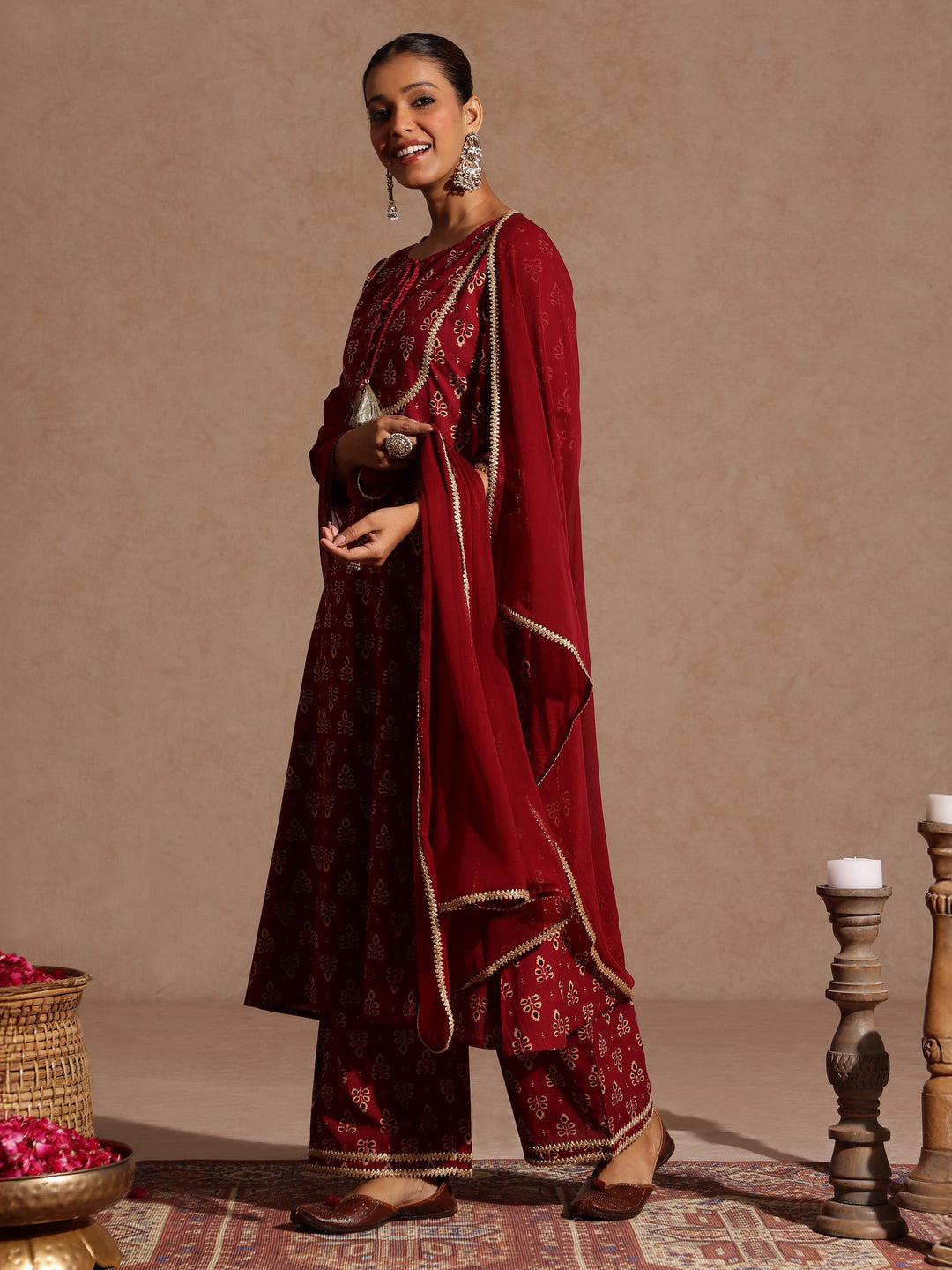 Naari By Shree Women's Maroon Pure Cotton Floral Printed A-line Kurta With Palazzo & Dupatta Set
