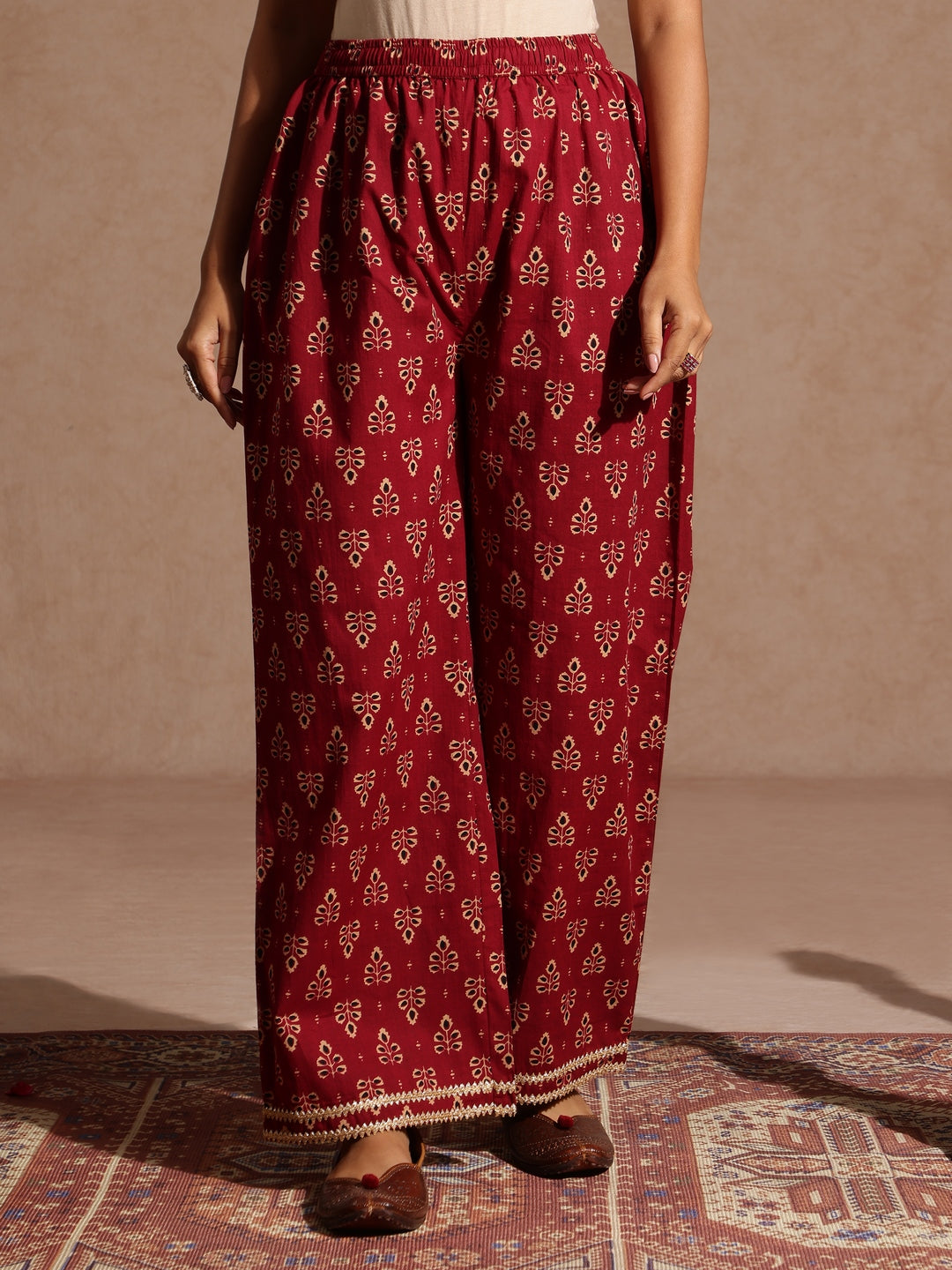 Naari By Shree Women's Maroon Pure Cotton Floral Printed A-line Kurta With Palazzo & Dupatta Set