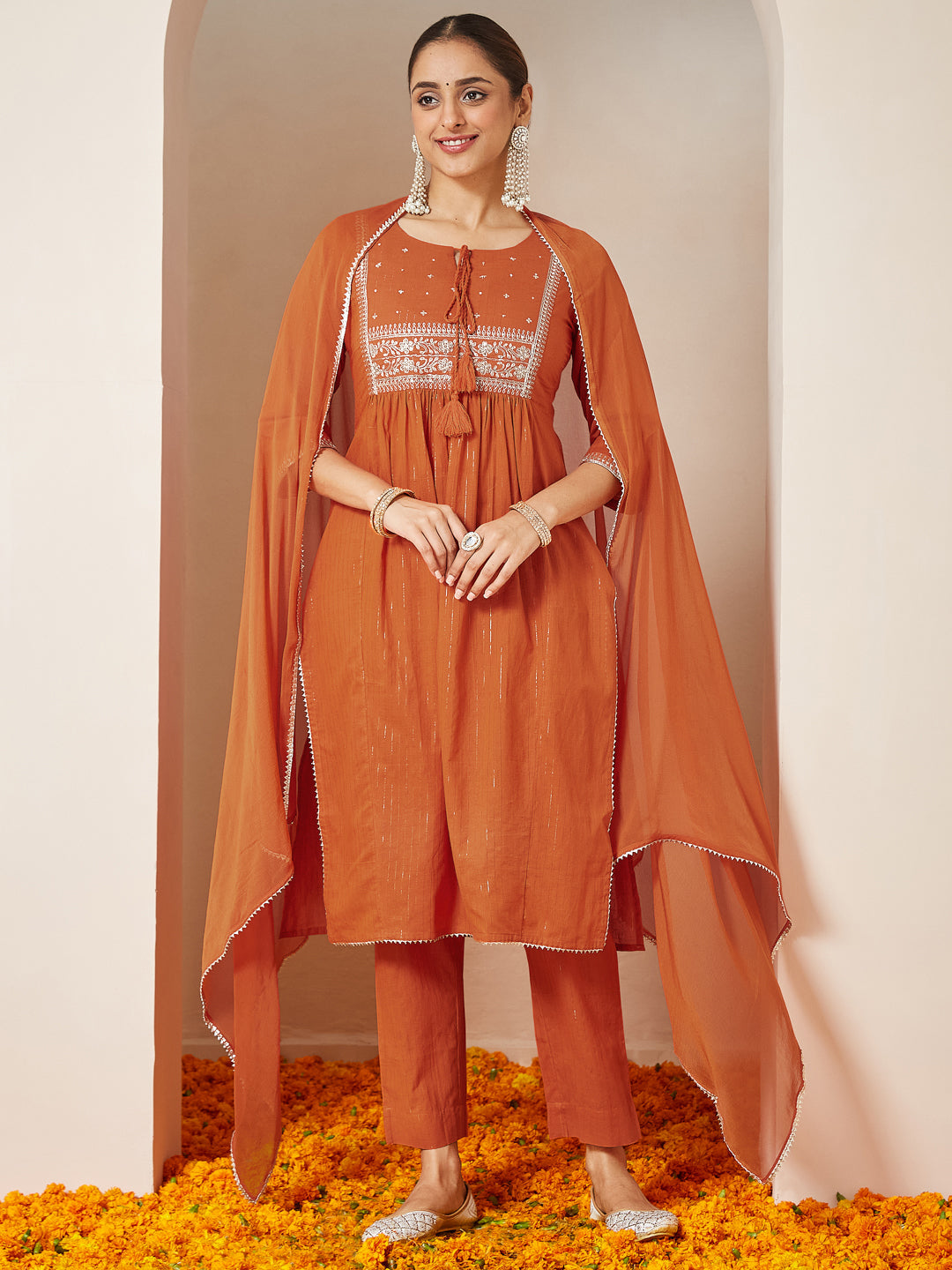 Naari By Shree Women's Orange Pure Cotton Embroidered A-line Kurta Set