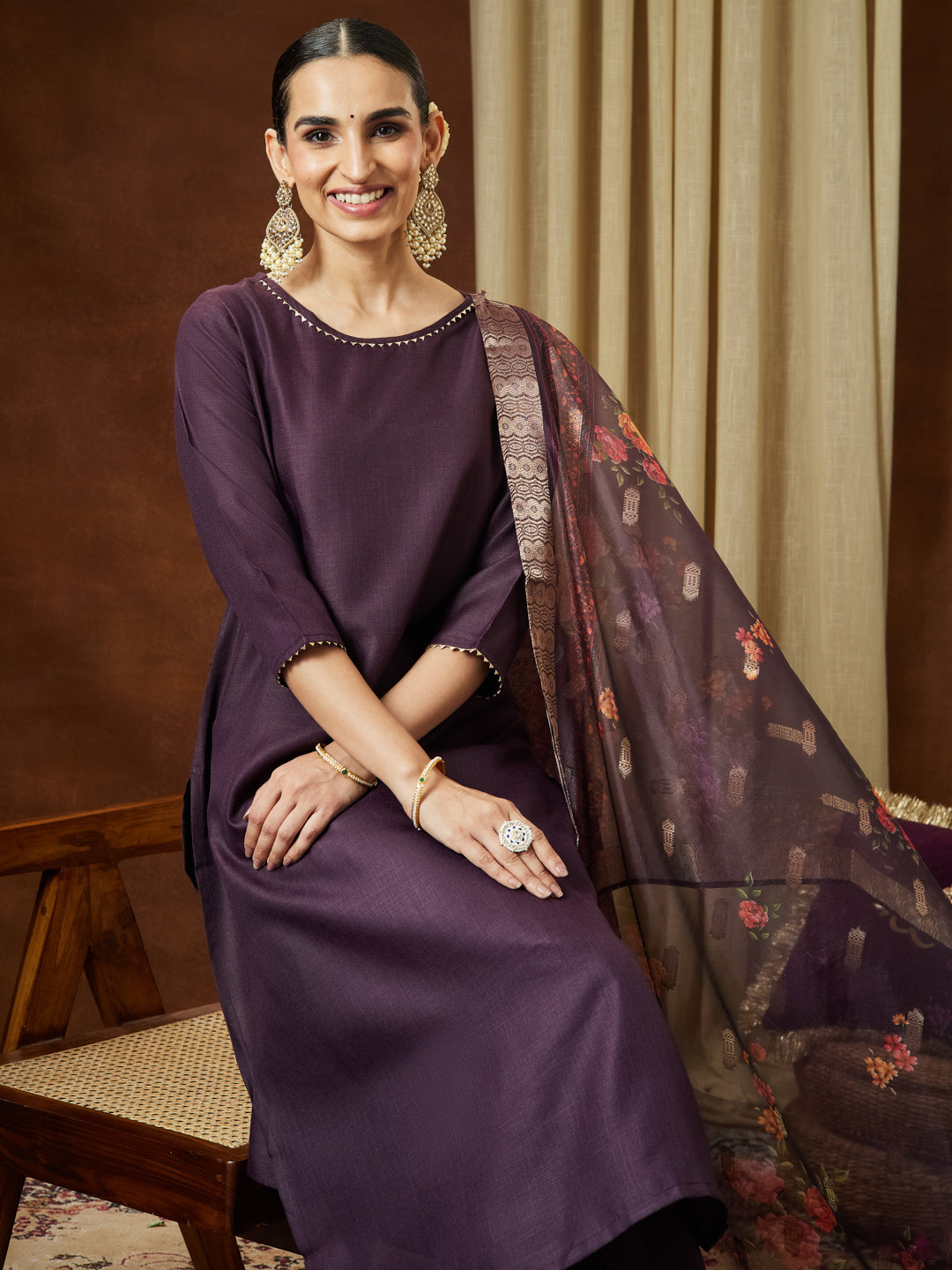 Naari By Shree Women's Wine Cotton Blend Solid Straight Kurta Set With Printed Dupatta