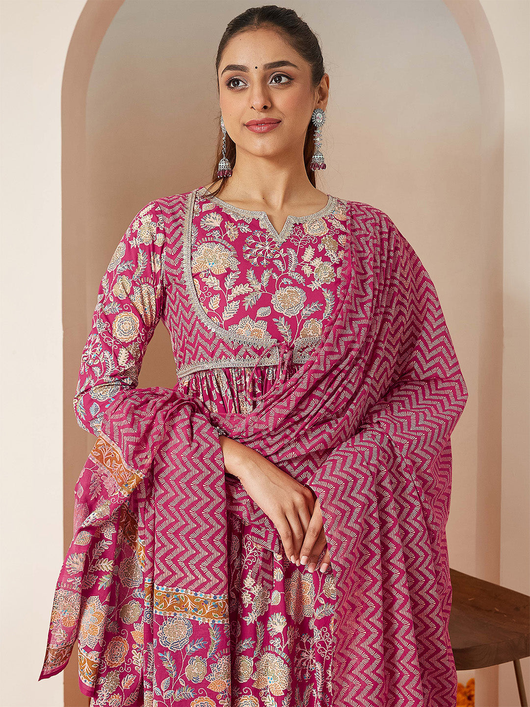 Naari By Shree Women's Pink Pure Cotton Embellished Floral Printed A-line Kurta Set