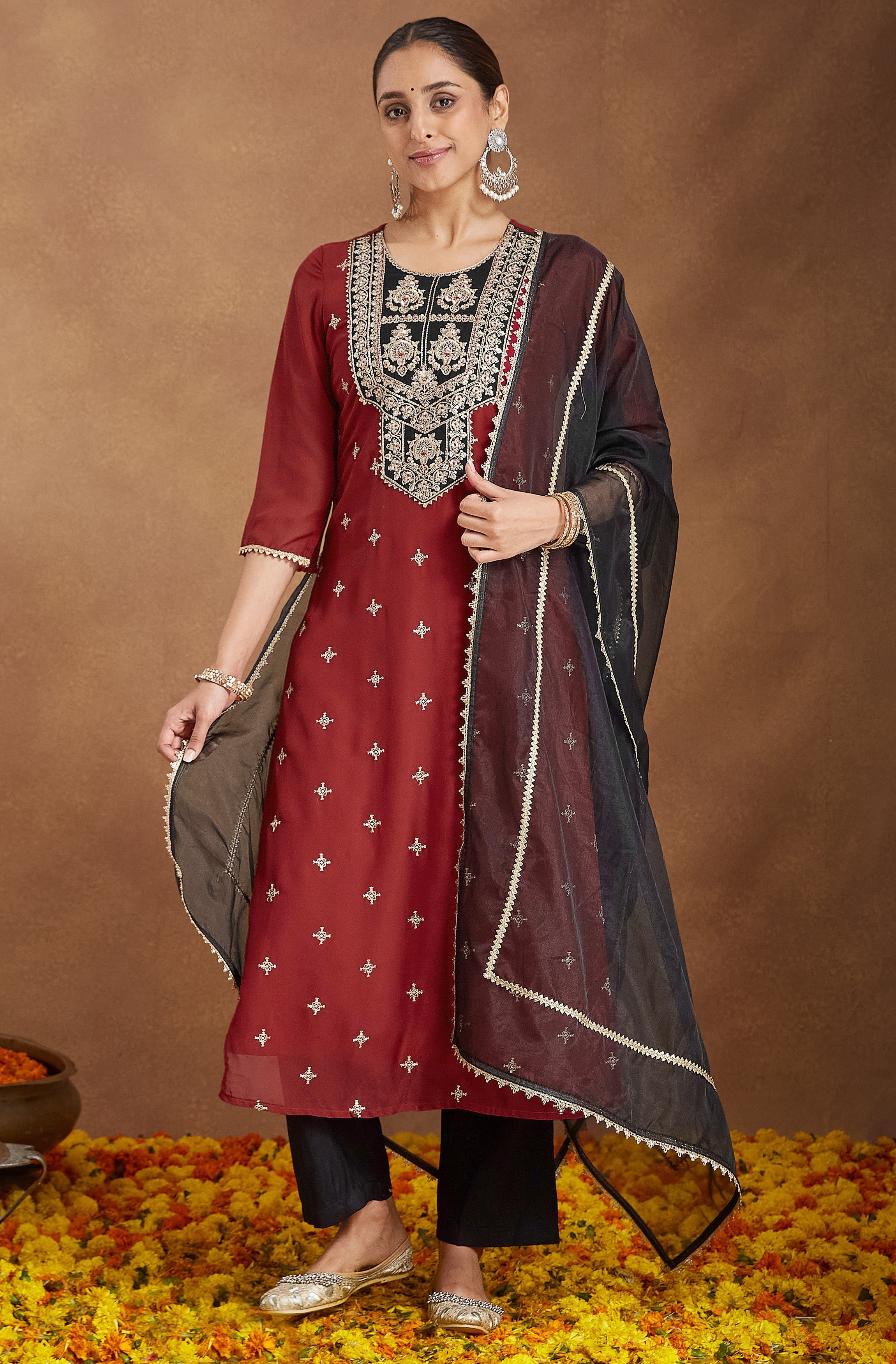 Naari By Shree Women's Red Chanderi Silk Embroidered Straight Kurta Set