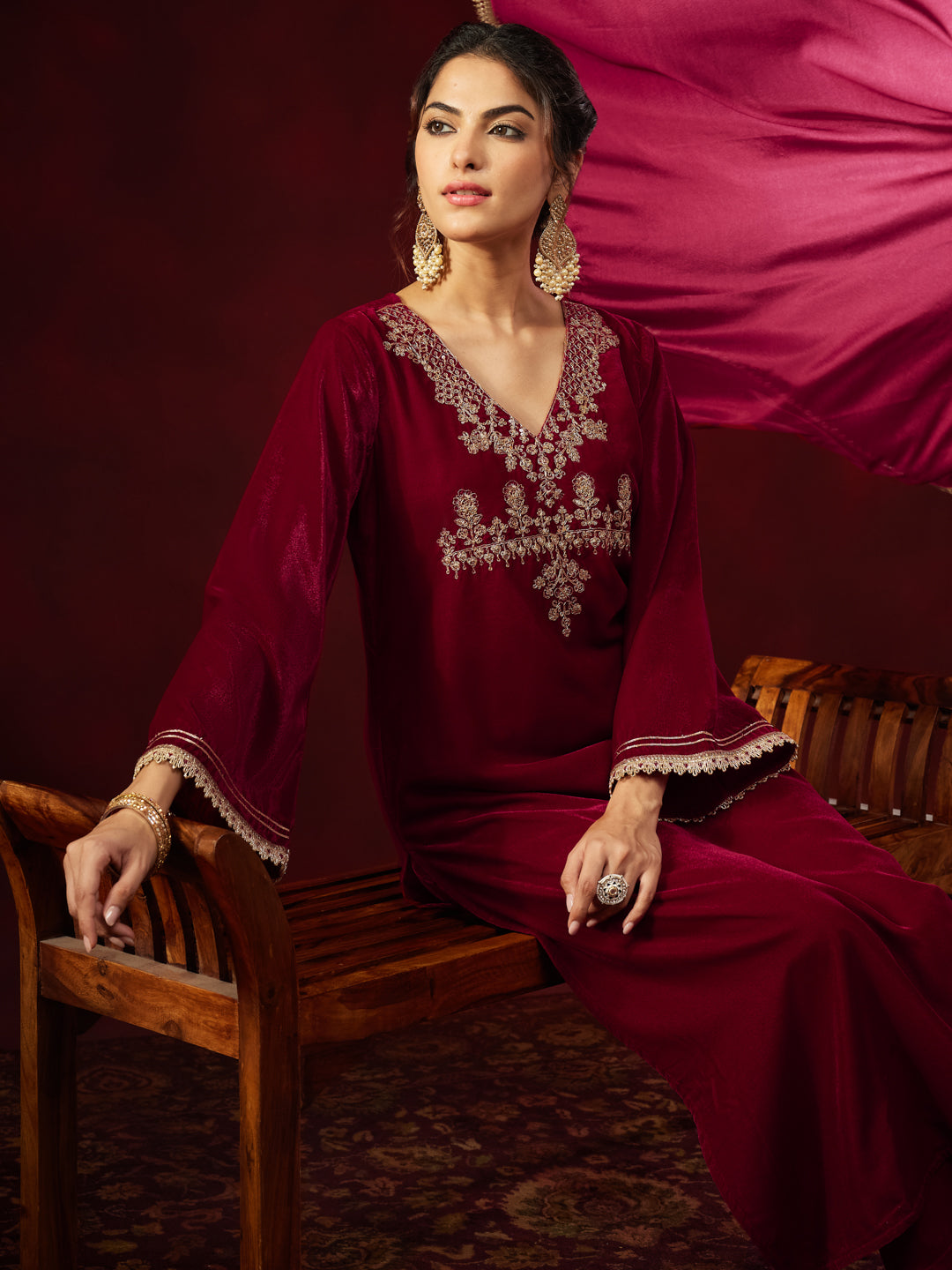 Naari By Shree Women's Red Velvet Zari Yoke Embroidered Straight Kurta Set