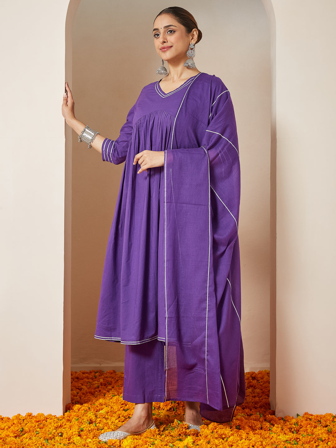Naari By Shree Women's Purple Pure Cotton Embellished A-line Kurta Set