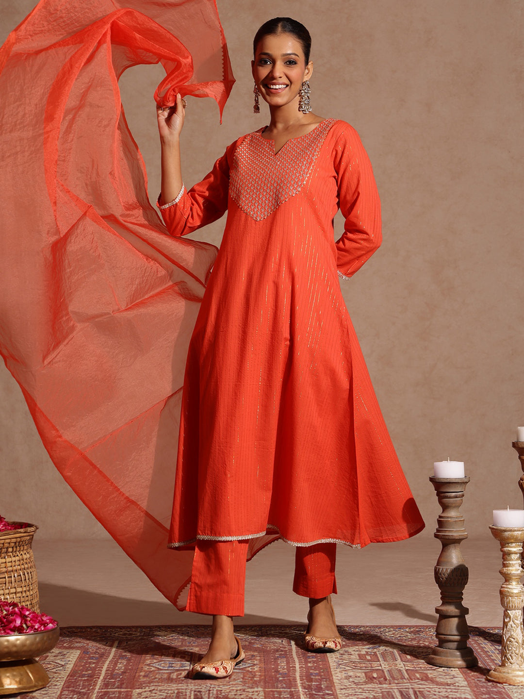 Naari By Shree Women's Orange Pure Cotton Yoke Zari Embroidered A-line Kurta Set