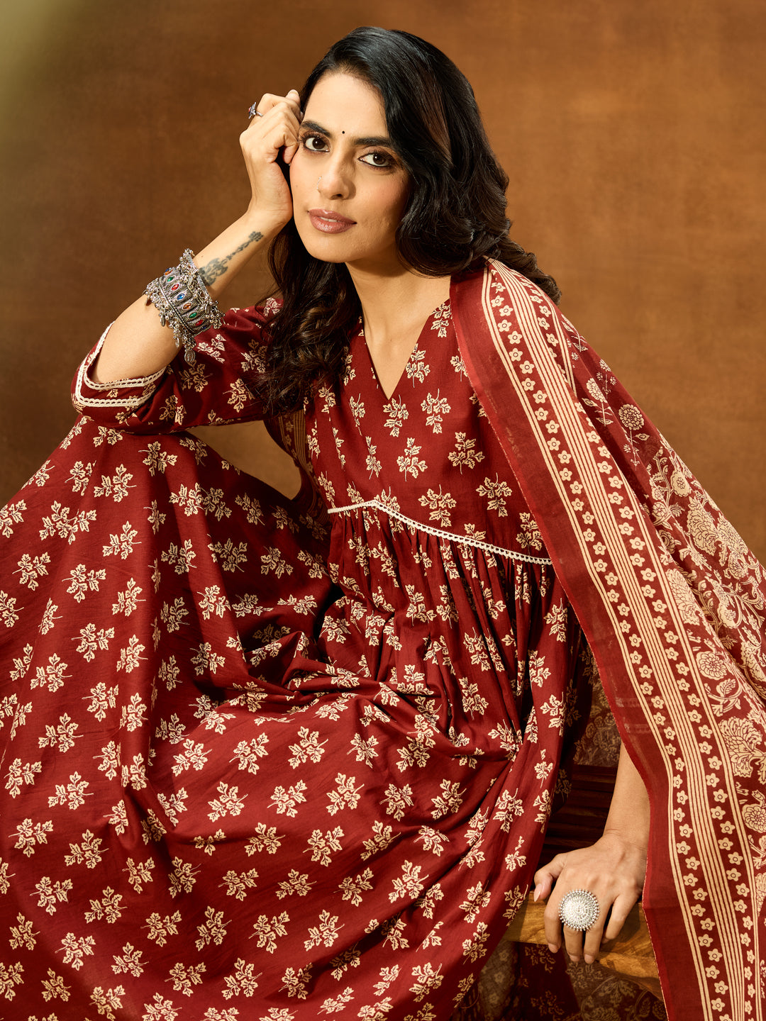 Naari By Shree Women's Brown Pure Cotton Floral Printed A-line Kurta Set