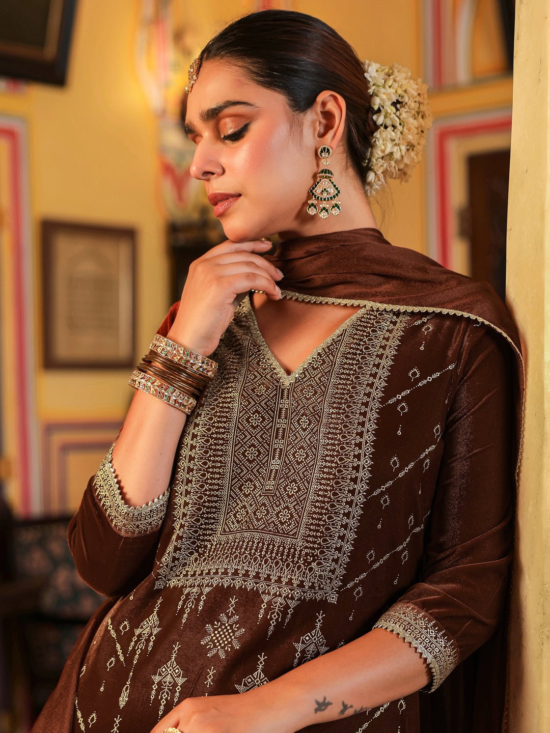 Naari By Shree Women's Brown Velvet Embellished Gold Printed Straight Kurta Set