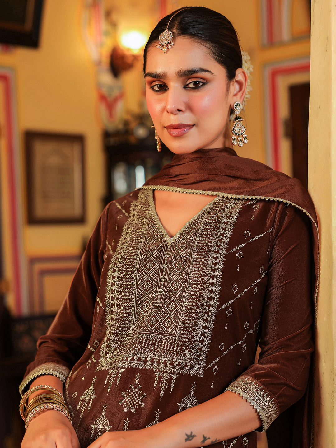 Naari By Shree Women's Brown Velvet Embellished Gold Printed Straight Kurta Set
