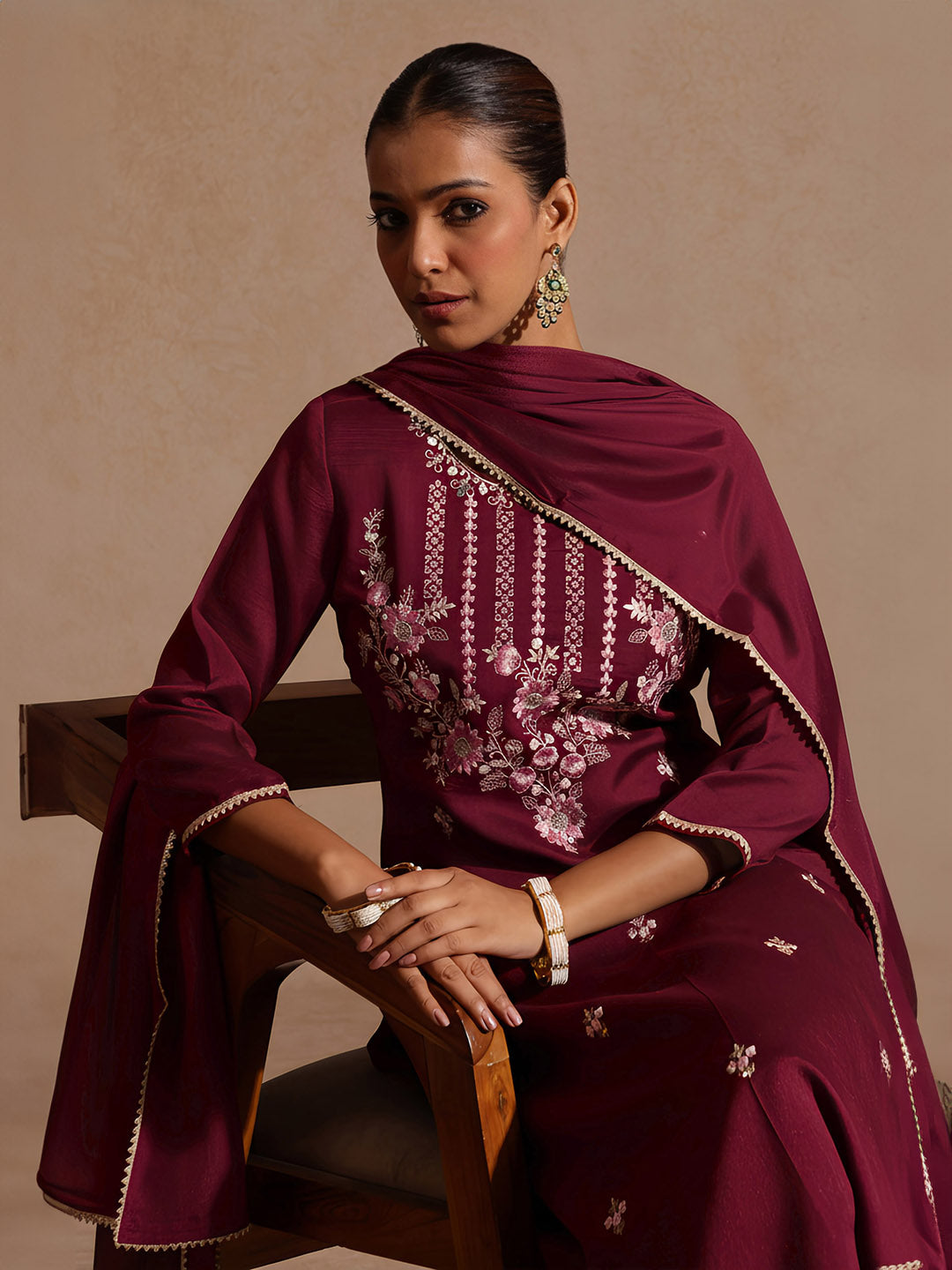 Naari By Shree Women's Magenta Silk Blend Zari Embroidered Straight Kurta Set