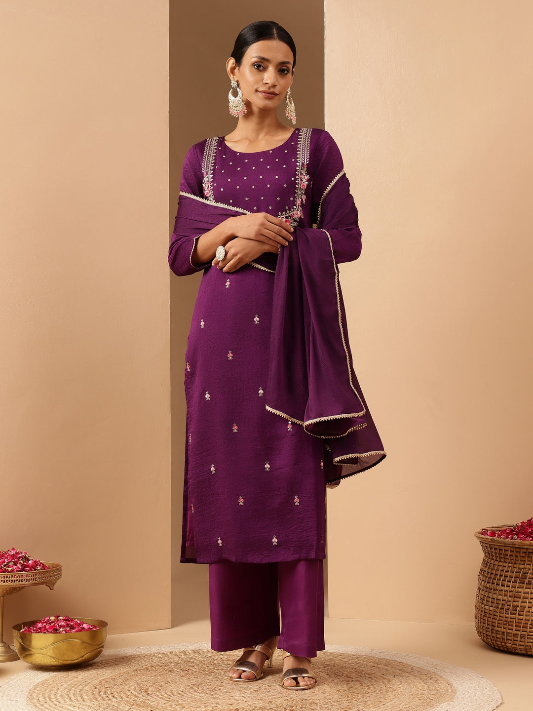 Naari By Shree Women's Purple Silk Blend Zari Embroidered Straight Kurta Set
