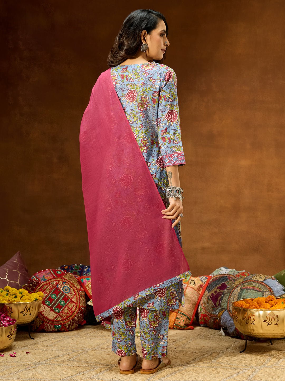 Naari By Shree Women's Blue Pure Cotton Floral Printed Straight Kurta Set