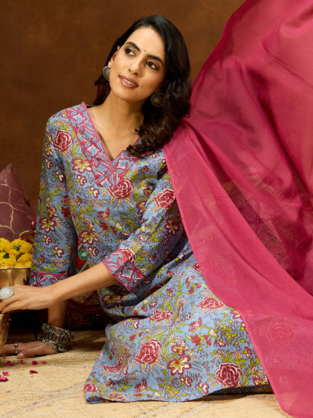 Naari By Shree Women's Blue Pure Cotton Floral Printed Straight Kurta Set