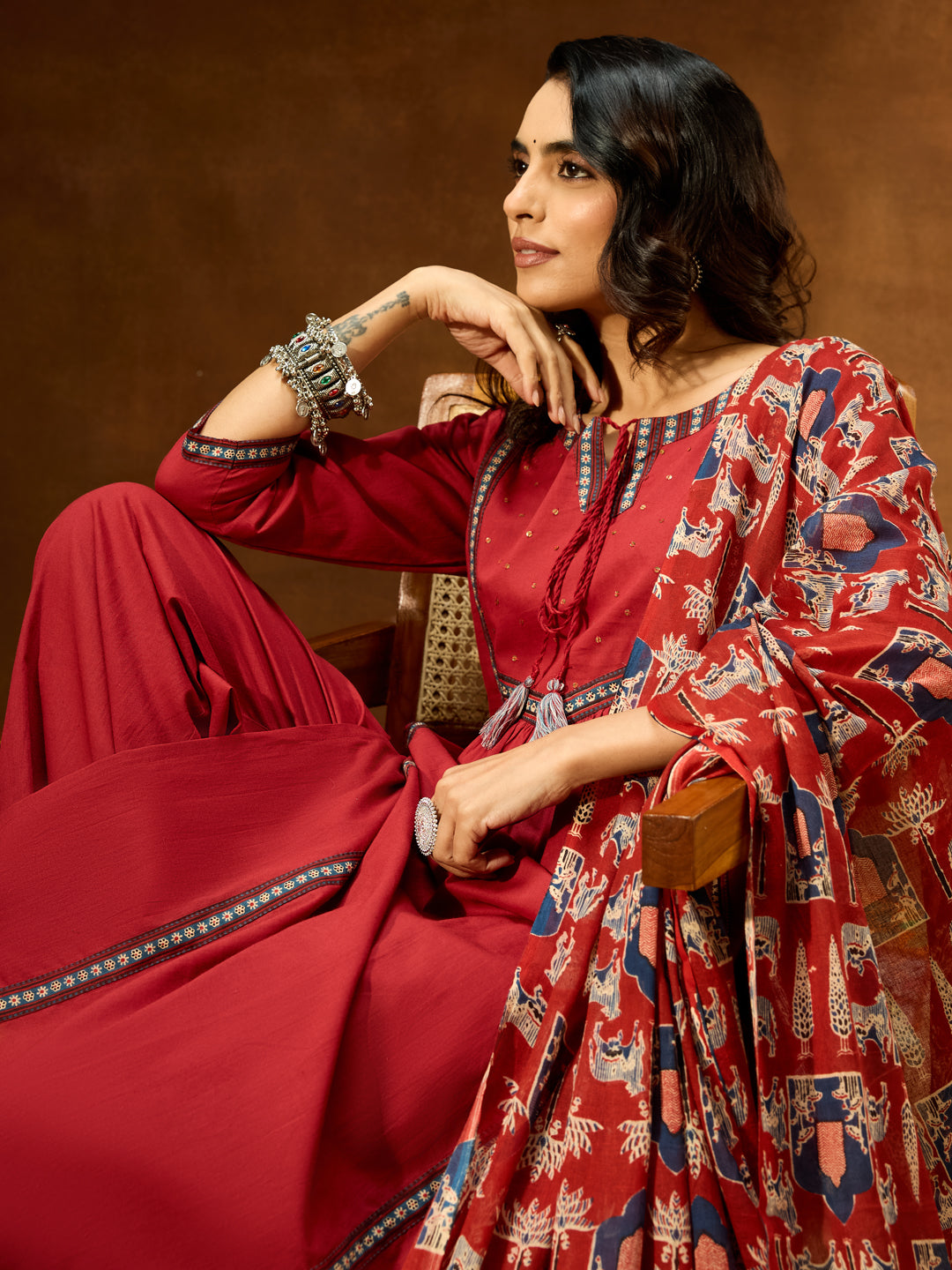 Naari By Shree Women's Maroon Pure Cotton Embellished Straight Kurta With Palazzo & Dupatta Set