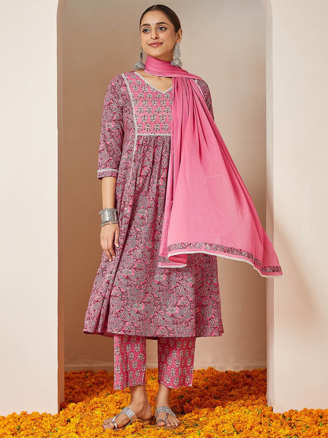Naari By Shree Women's Pink Pure Cotton Floral Printed A-line Kurta Set