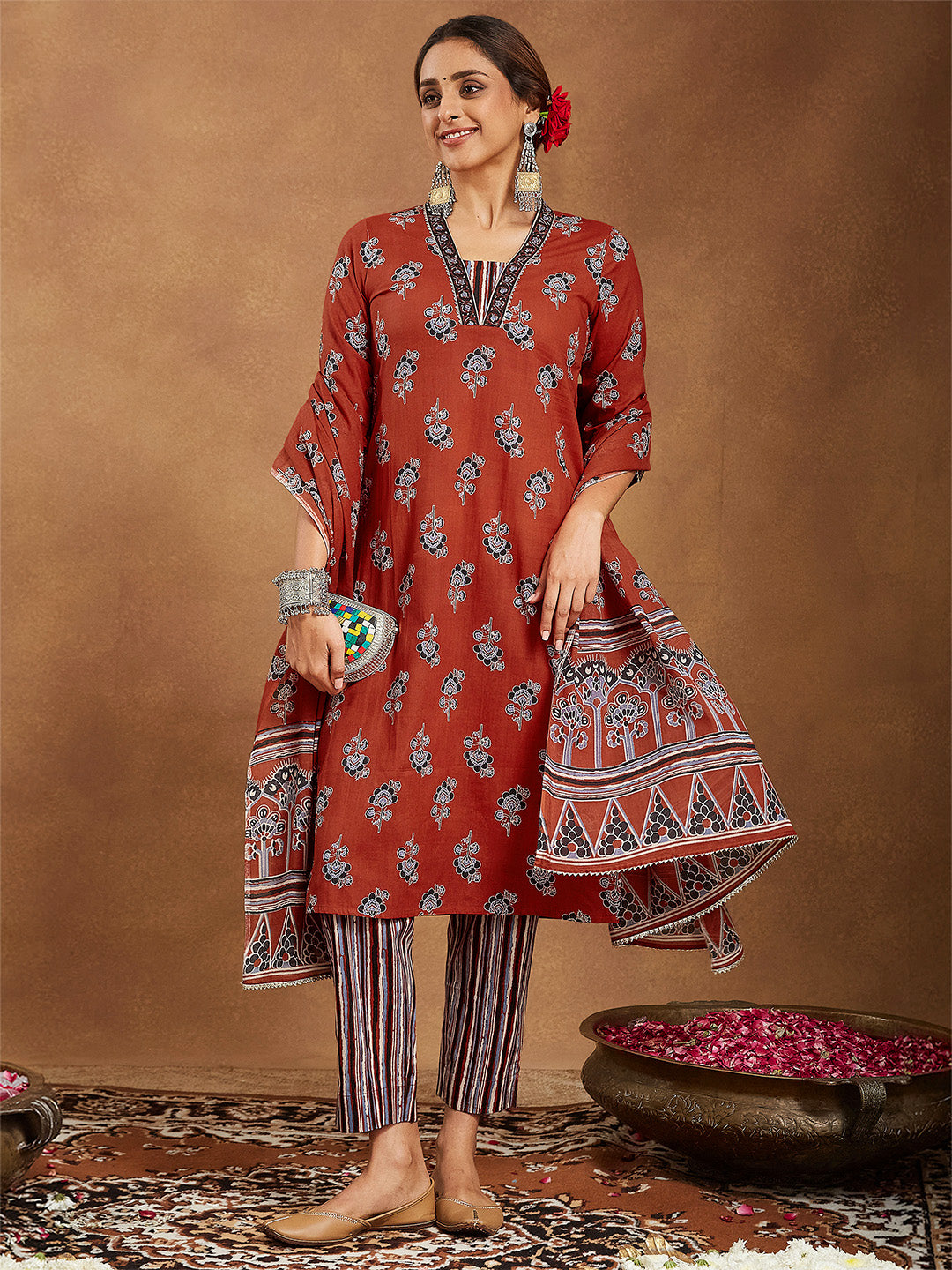 Naari By Shree Women's Rust Pure Cotton Floral Printed Straight Kurta Set