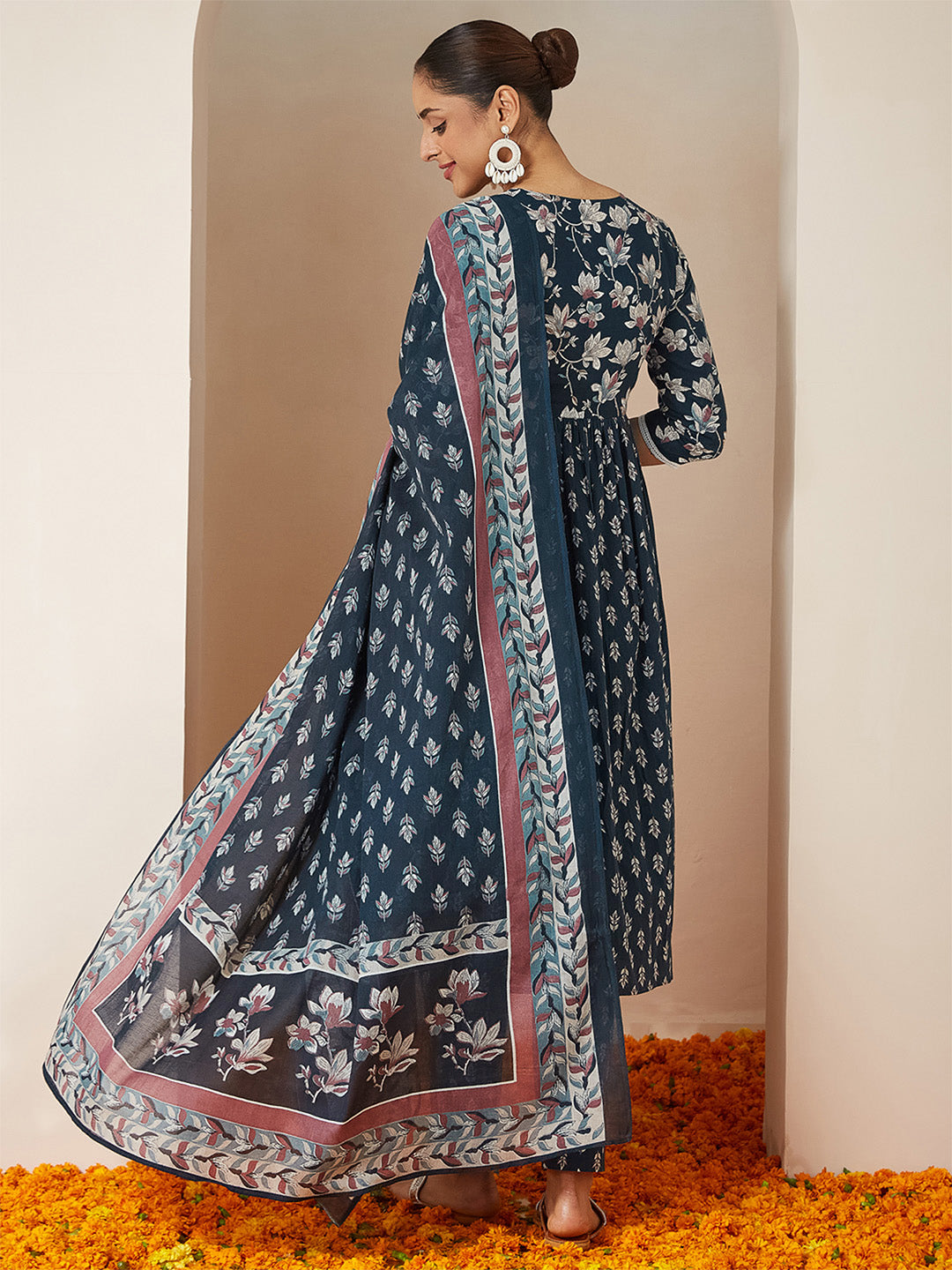 Naari By Shree Women's Teal Blue Pure Cotton Floral Printed A-line Kurta Set