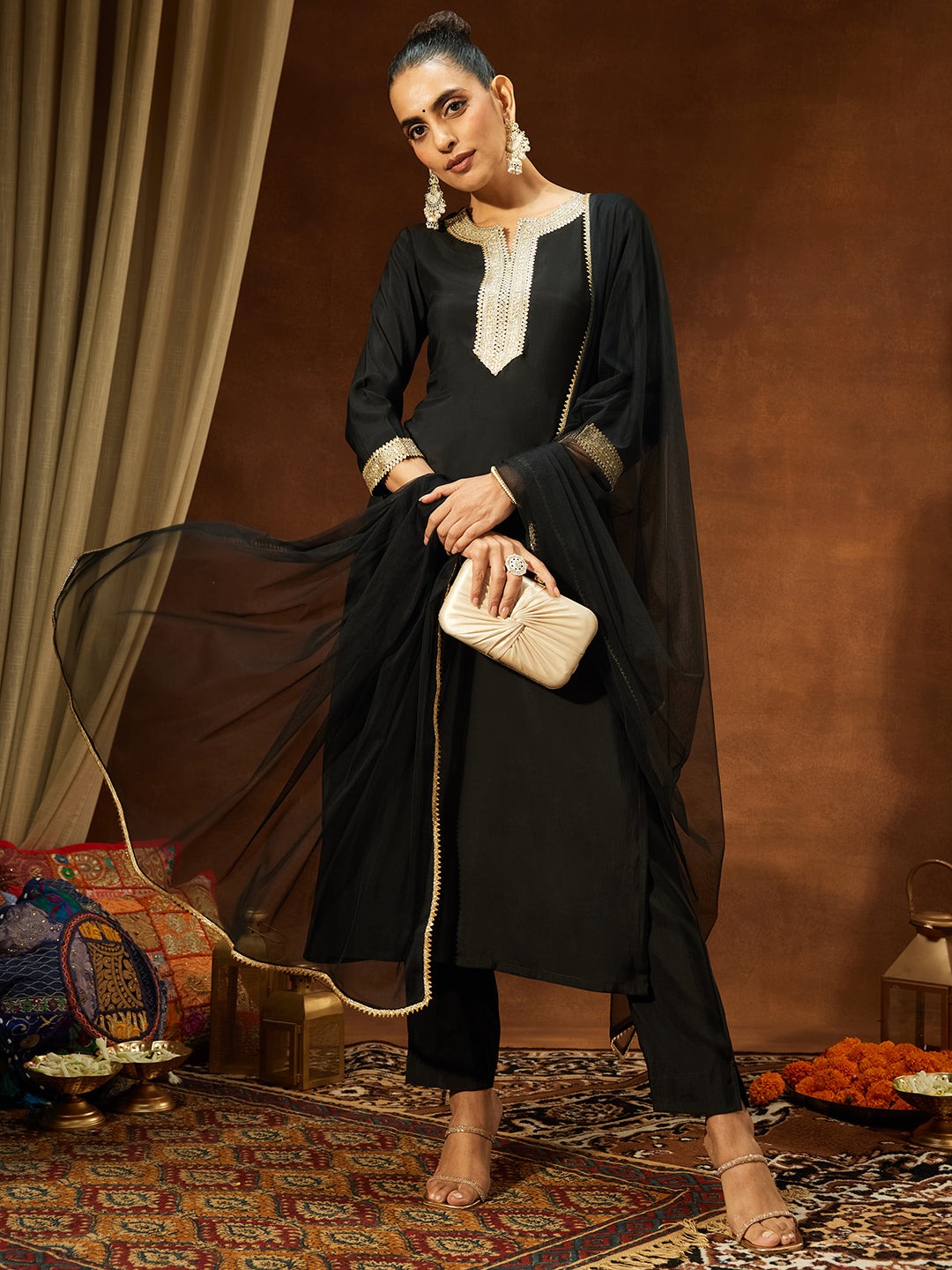 Naari By Shree Women's Black Chanderi Silk Yoke Design Straight Kurta Set