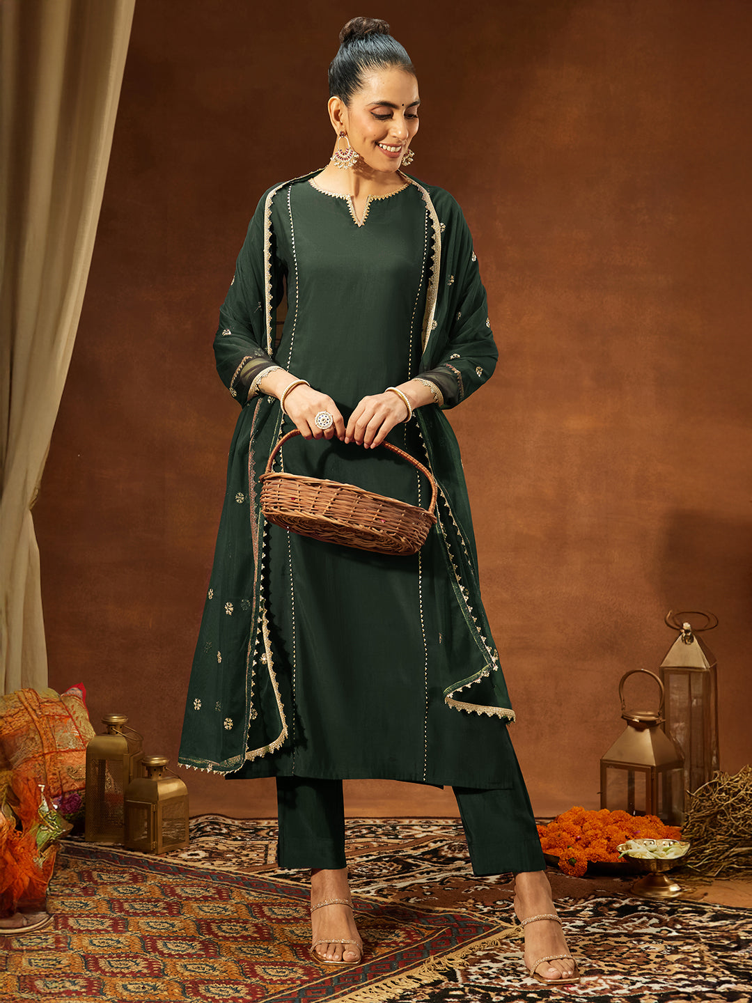 Naari By Shree Women's Bottle Green Chanderi Silk Embellished Straight Kurta Set