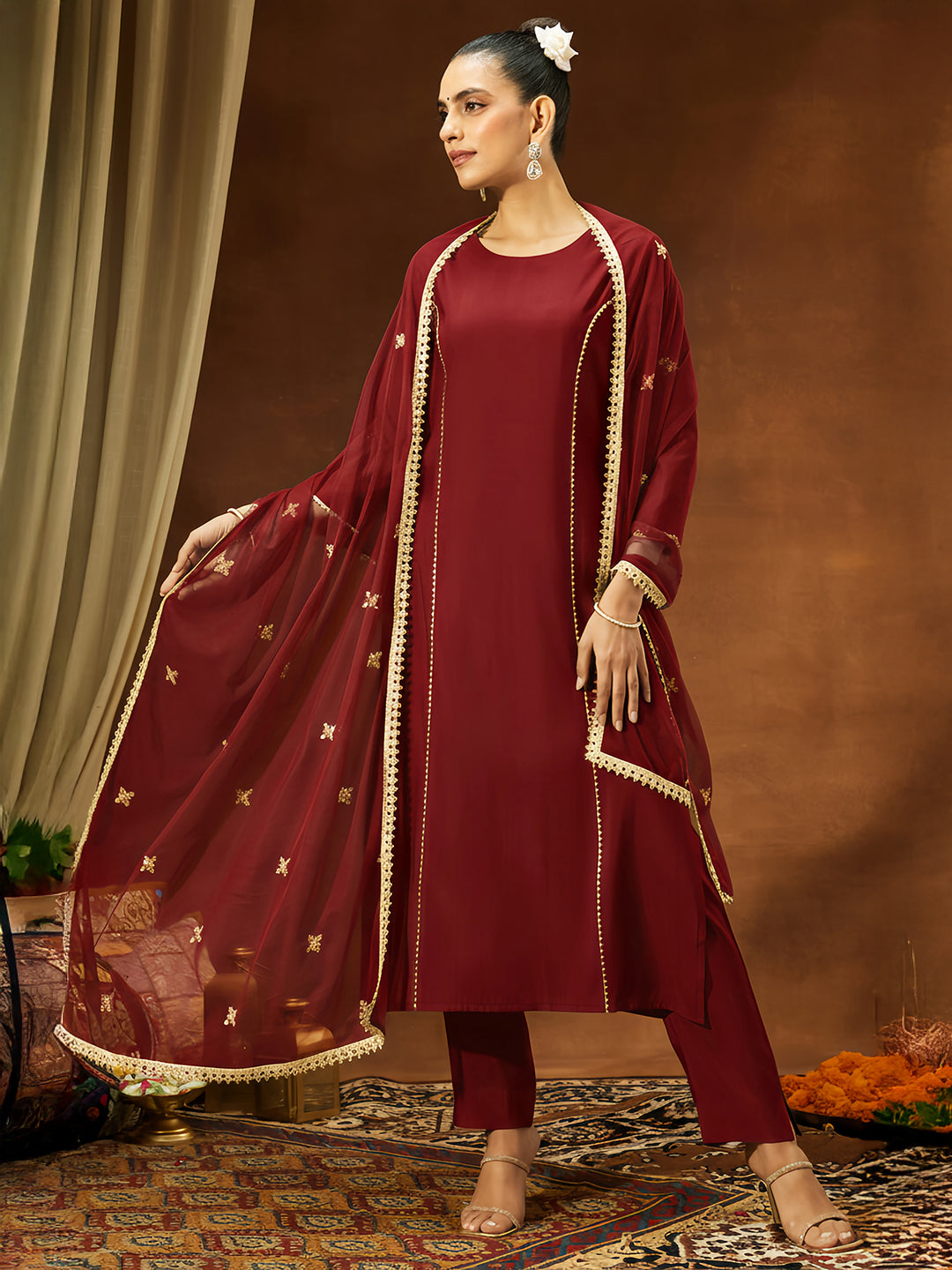 Naari By Shree Women's Maroon Chanderi Silk Embellished Straight Kurta Set