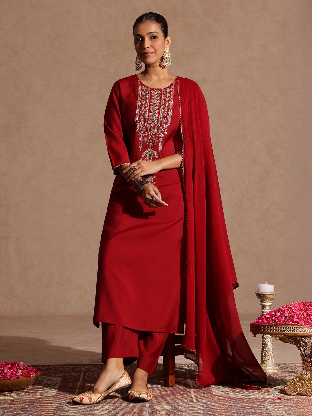 Naari By Shree Women's Maroon Chanderi Silk Zari Yoke Embroidered Straight Kurta Set