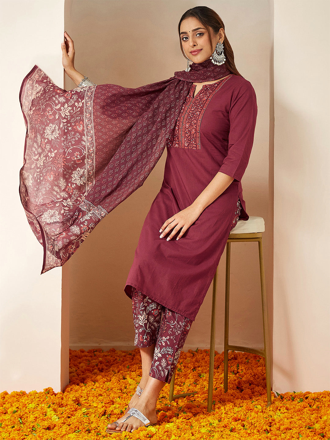 Naari By Shree Women's Burgundy Pure Cotton Embellished Straight Kurta Set