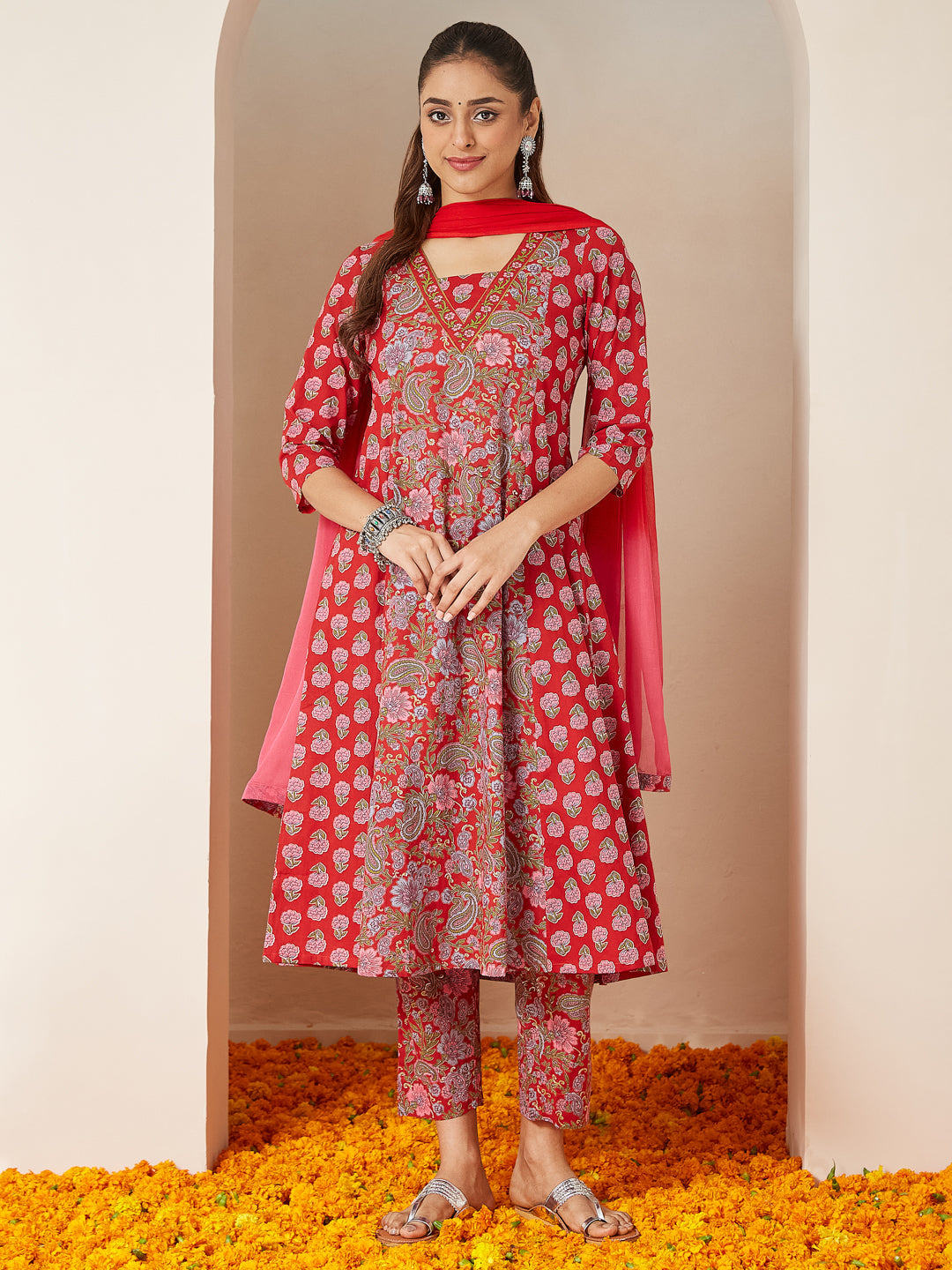 Naari By Shree Women's Red Pure Cotton Floral Printed A-line Kurta Set