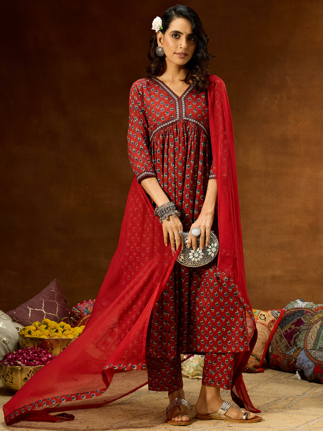 Naari By Shree Women's Maroon Pure Cotton Floral Printed A-line Kurta Set