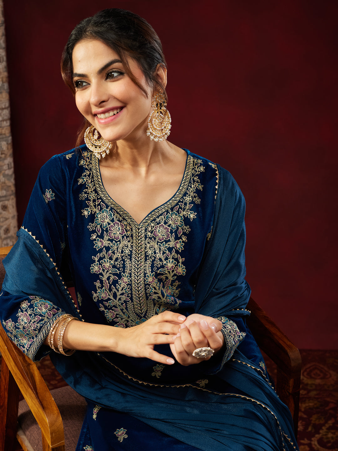 Naari By Shree Women's Teal Blue Velvet Embellished Gold Printed Straight Kurta Set