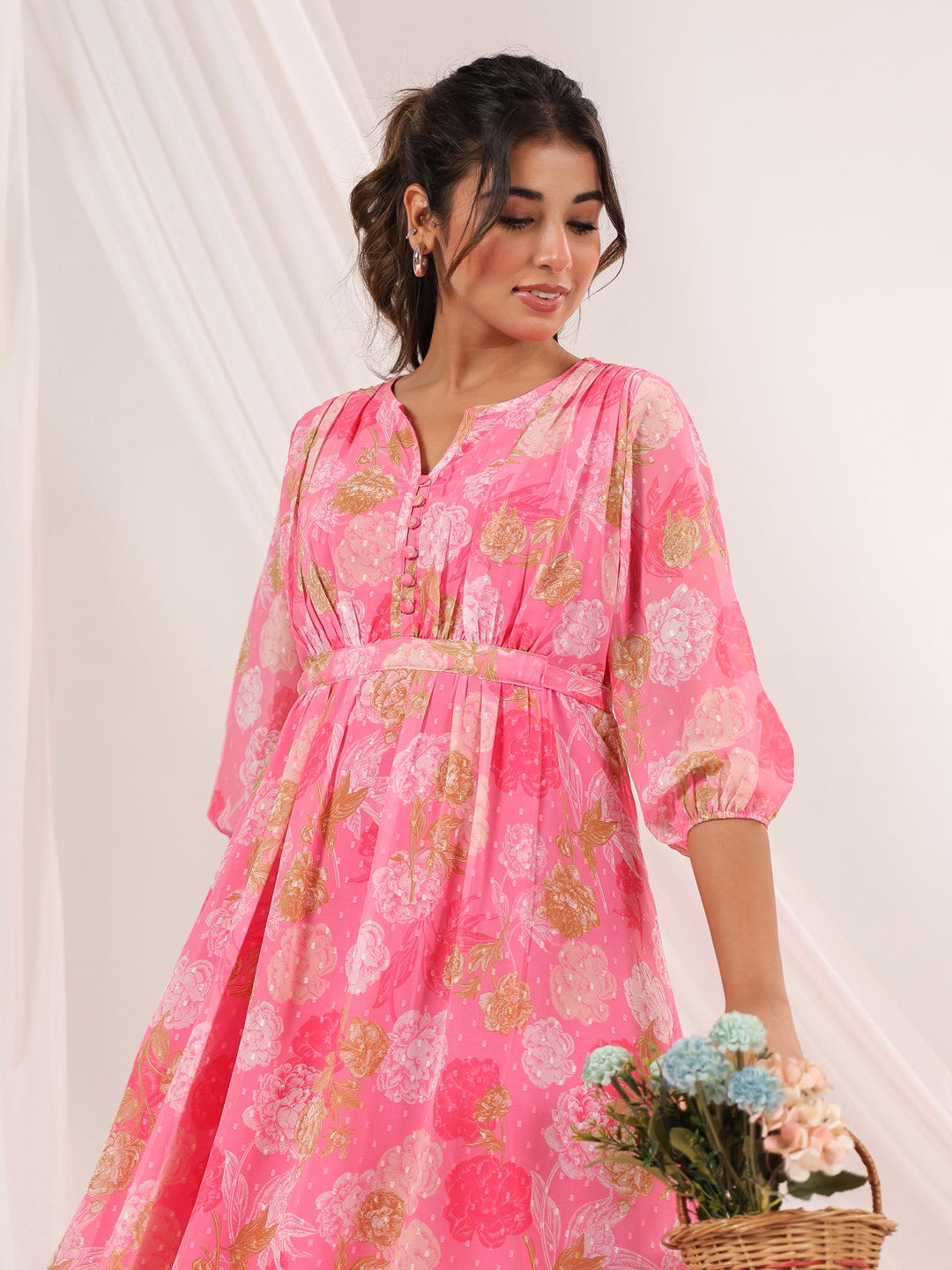 Naari By Shree Women's Pink Georgette Floral Printed A-line Dress