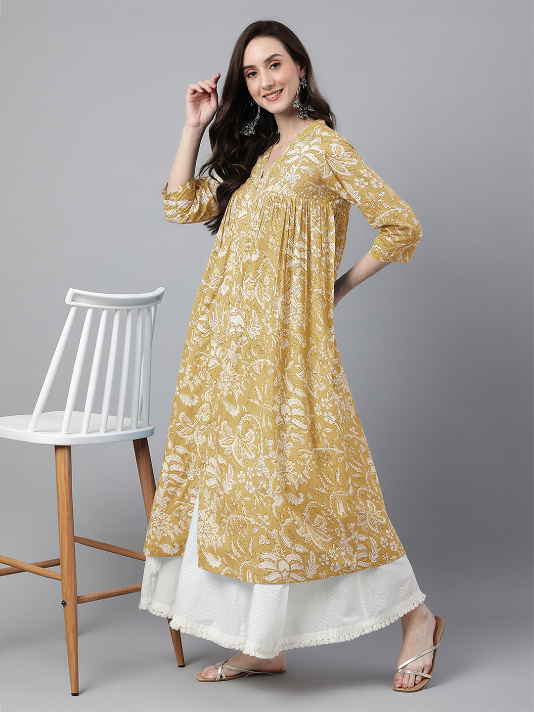 Naari By Shree Mustard Pure Cotton Floral Printed Flared Kurta