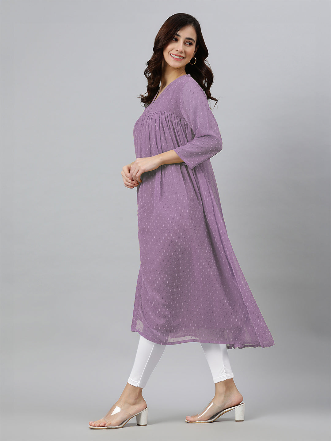 Naari By Shree Lavender Dobby Chiffon Woven Design Front Slit Flared Kurta