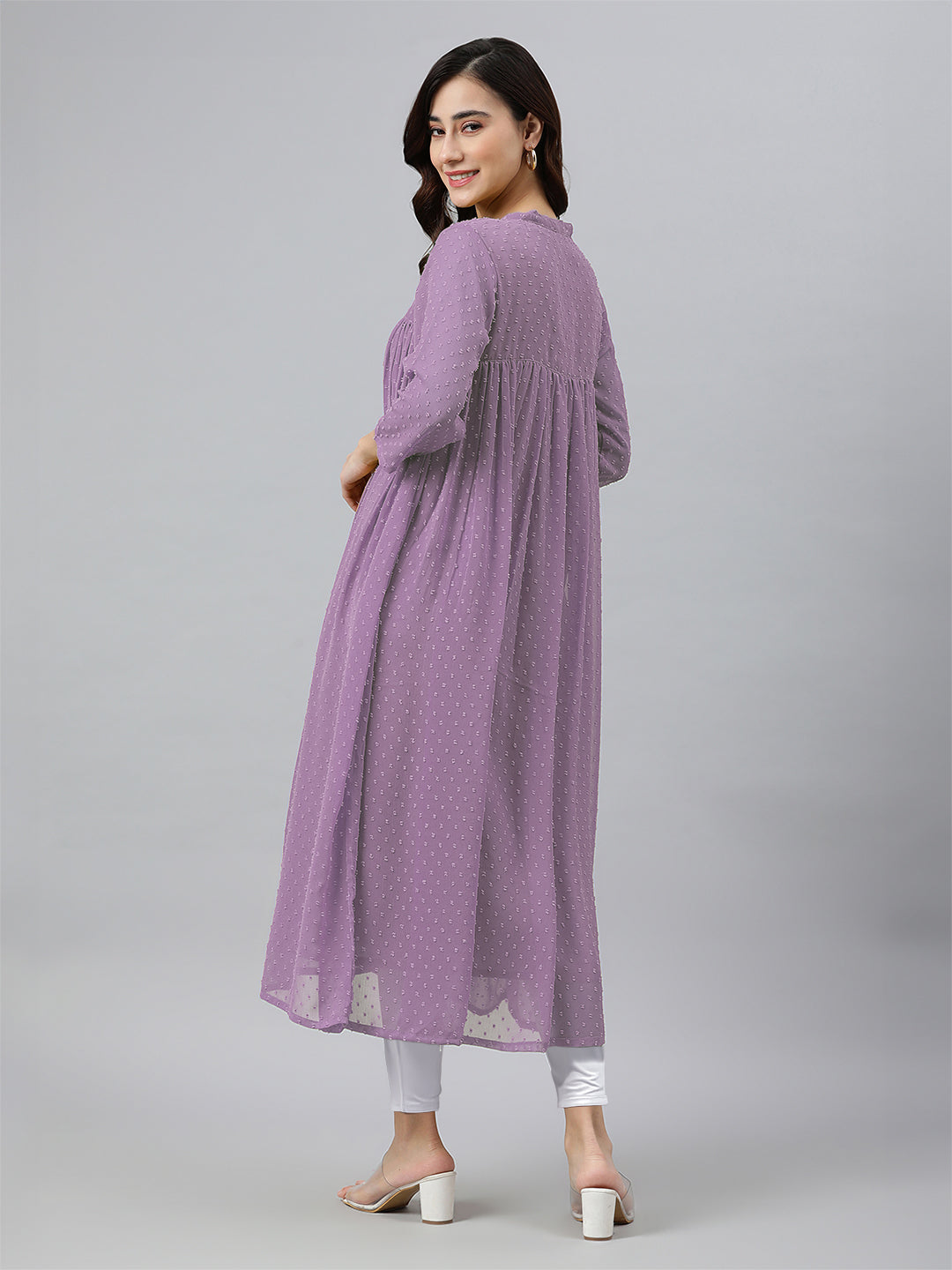 Naari By Shree Lavender Dobby Chiffon Woven Design Front Slit Flared Kurta
