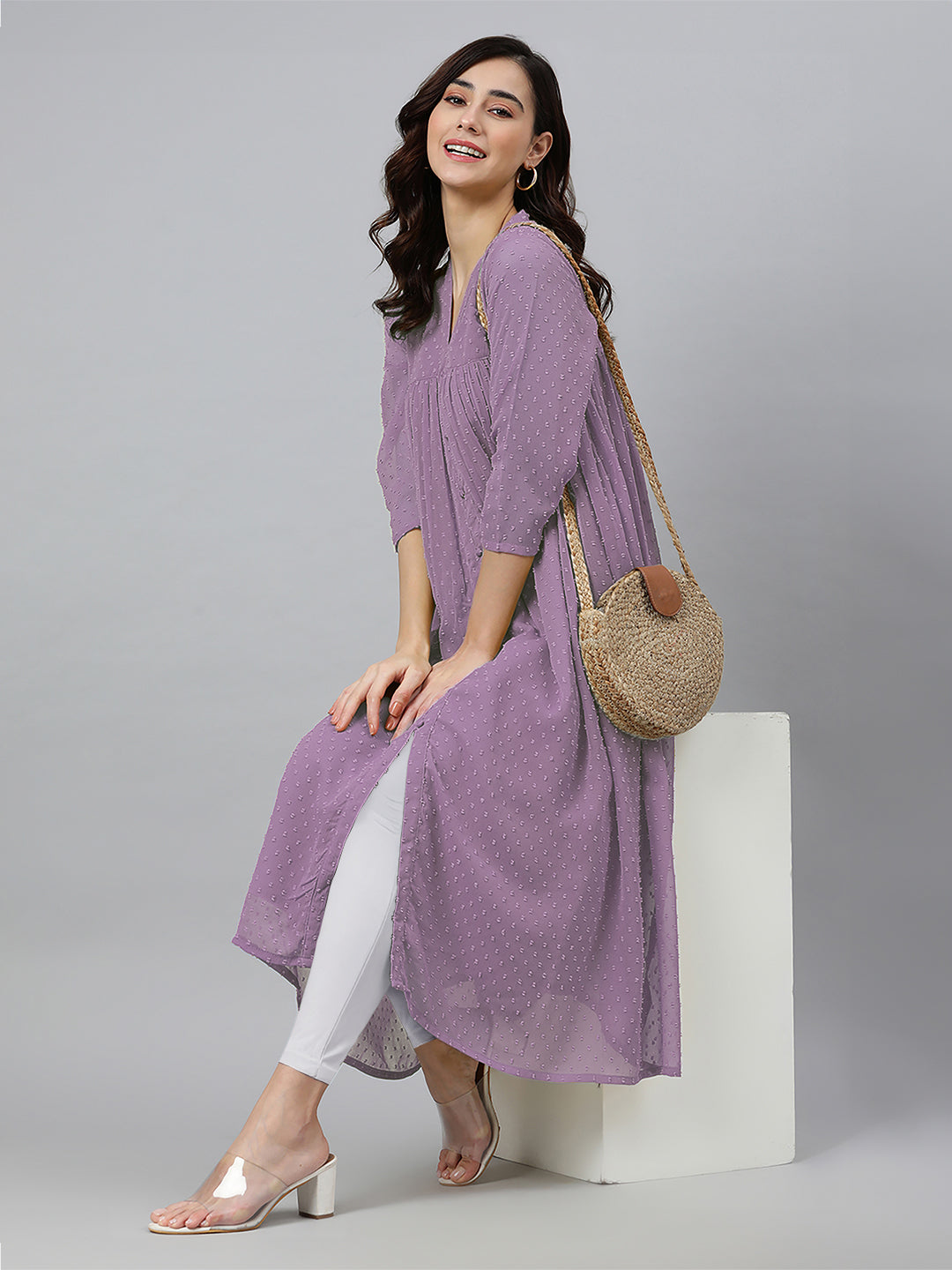 Naari By Shree Lavender Dobby Chiffon Woven Design Front Slit Flared Kurta