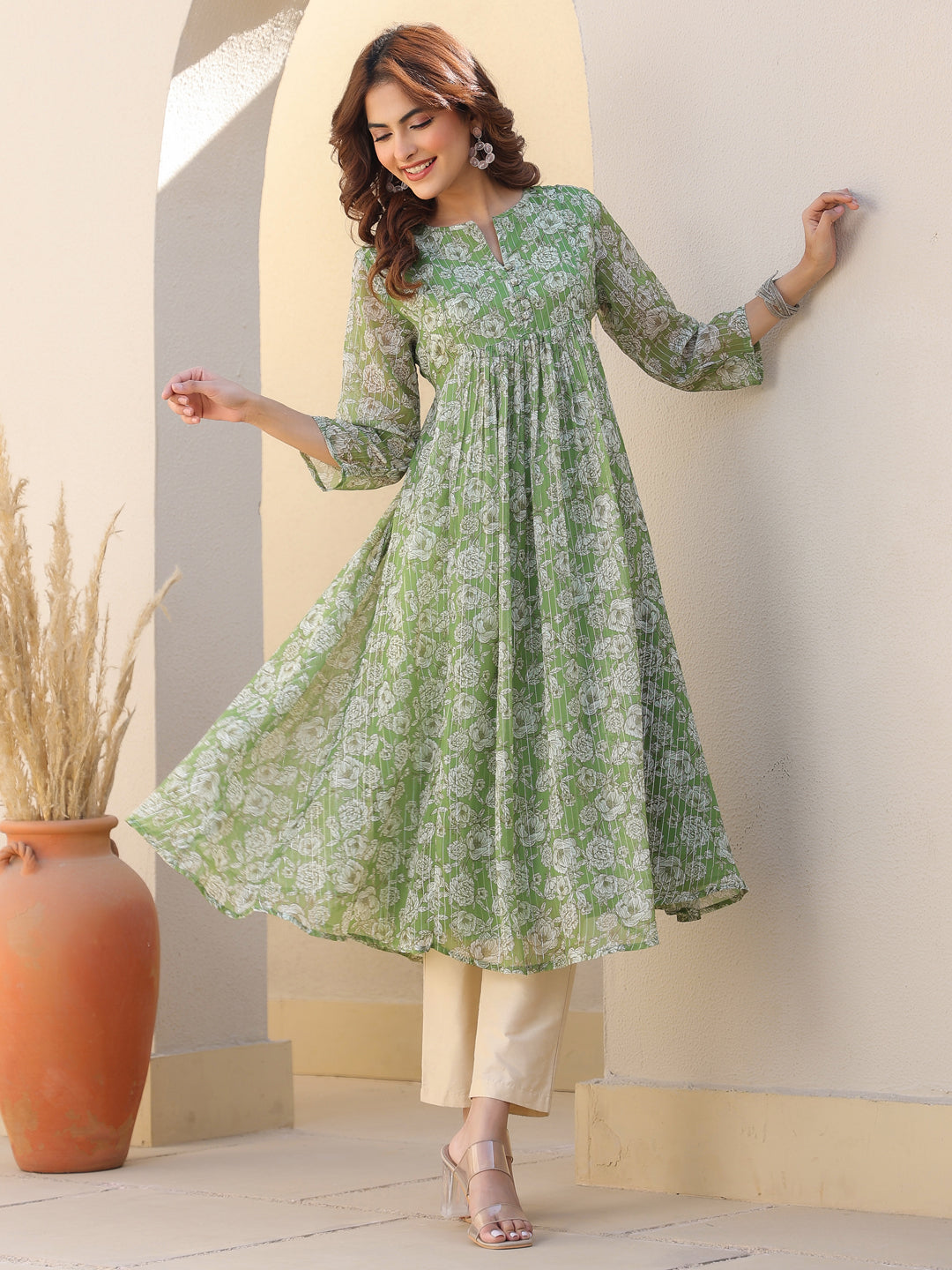 Naari By Shree Women's Green Chiffon Lurex Floral Printed A-line Kurta