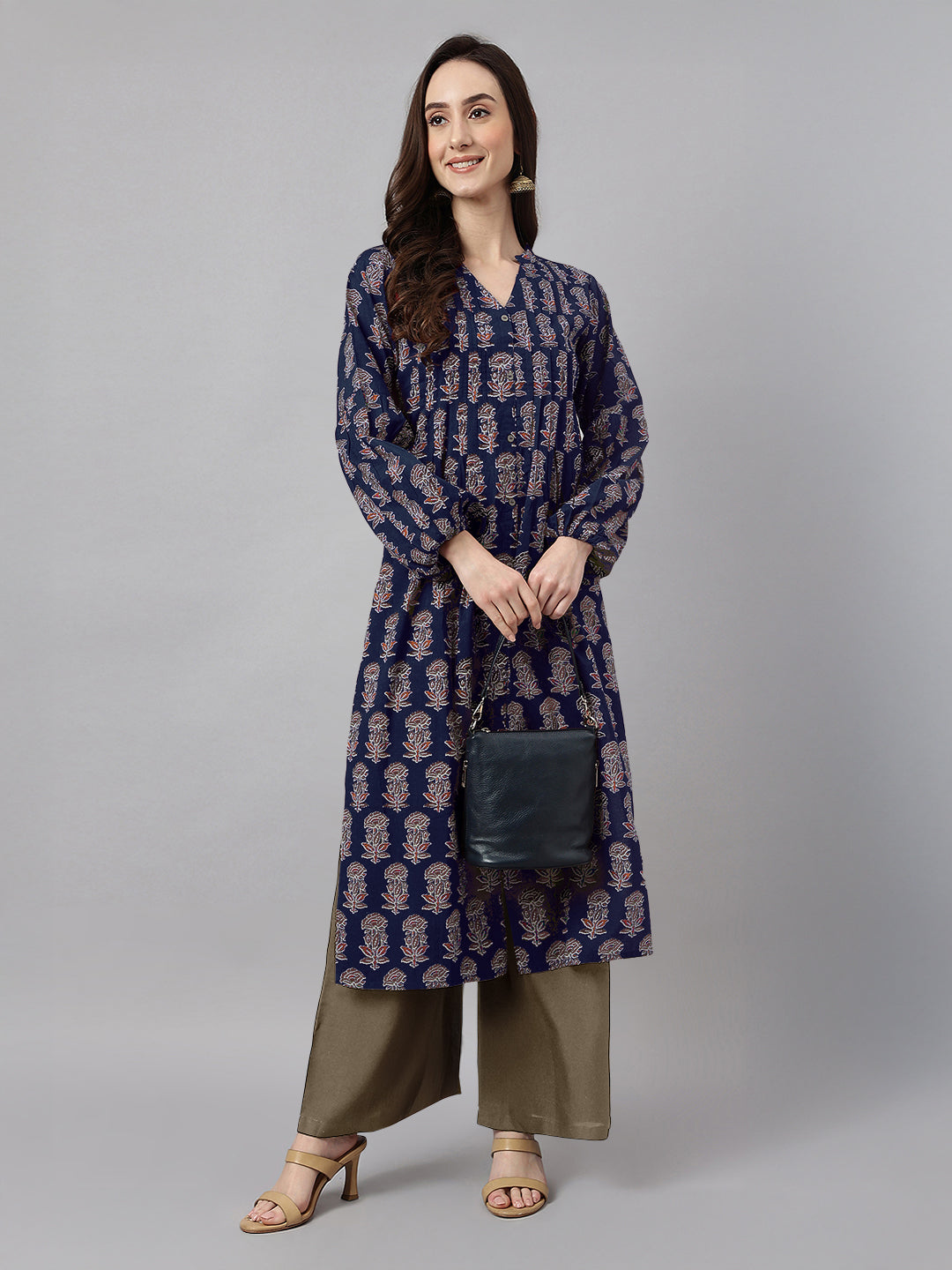 Naari By Shree Women's Navy Blue Pure Cotton Floral Printed A-line Kurta