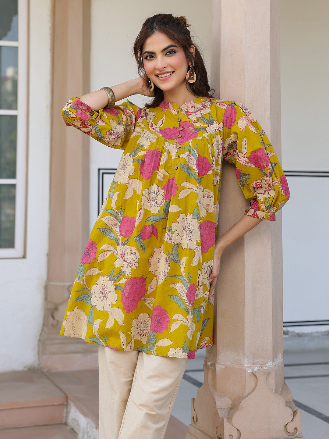 Naari By Shree Mustard Pure Cotton Floral Printed A-line Tunic