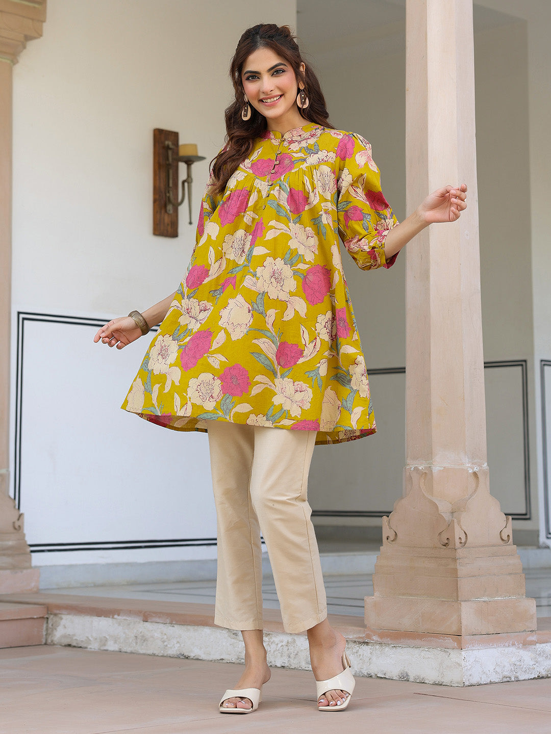 Naari By Shree Mustard Pure Cotton Floral Printed A-line Tunic