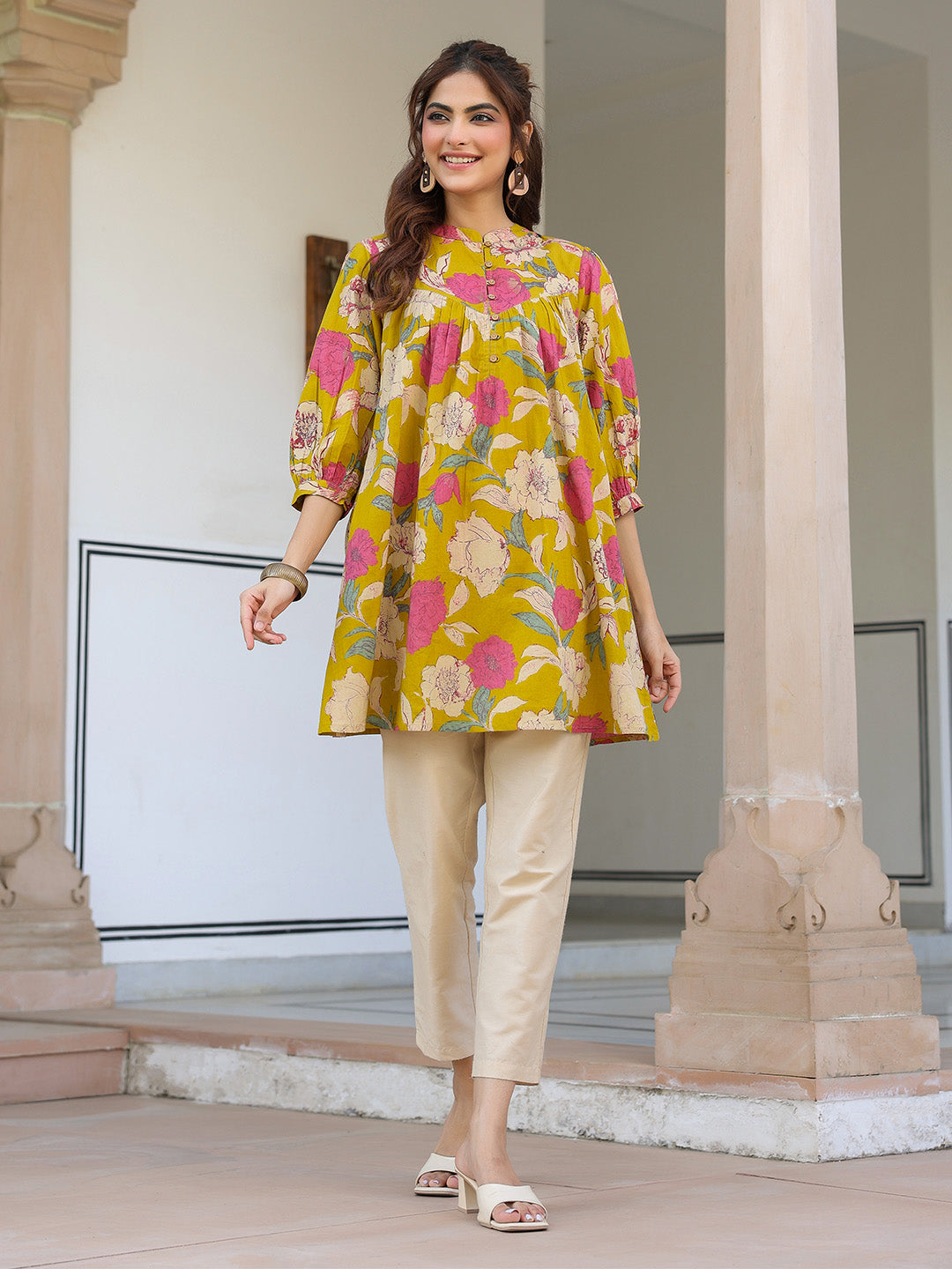 Naari By Shree Mustard Pure Cotton Floral Printed A-line Tunic