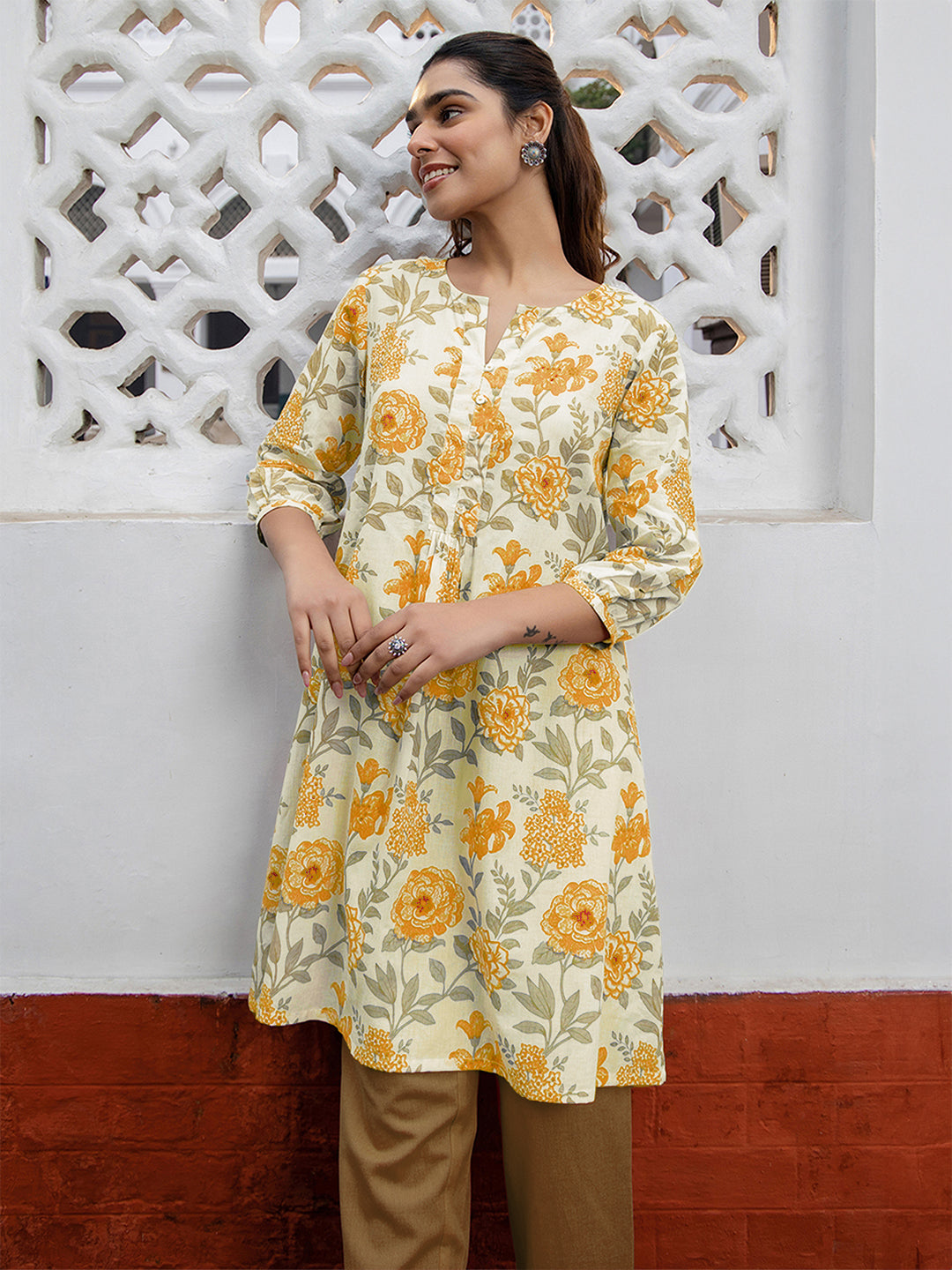 Naari By Shree Off White Pure Cotton Floral Printed A-Line Tunic