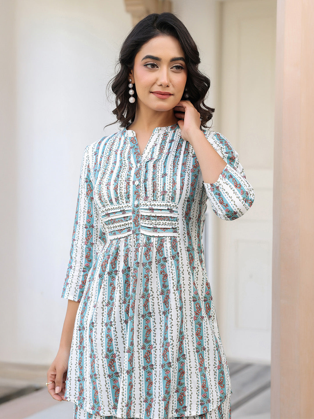 Naari By Shree White Pure Cotton Floral Printed A-line Co-ord Set