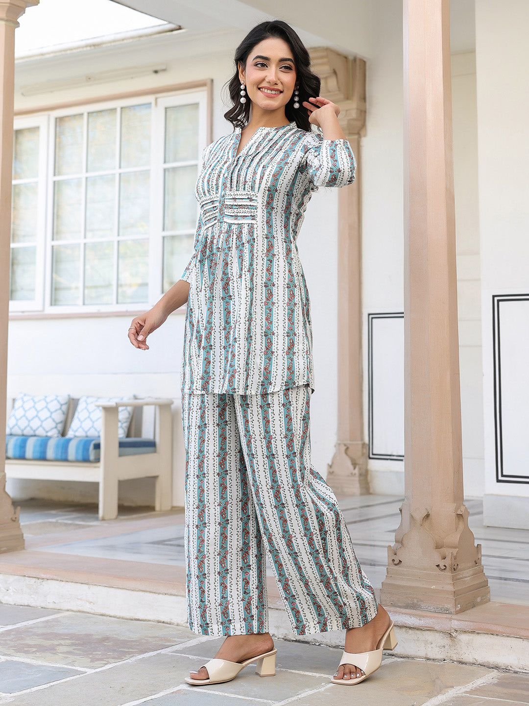 Naari By Shree White Pure Cotton Floral Printed A-line Co-ord Set