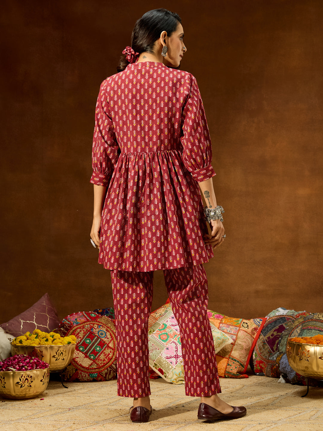 Naari By Shree Women's Maroon Pure Cotton Ethnic Motifs Printed Peplum Co-ord Set