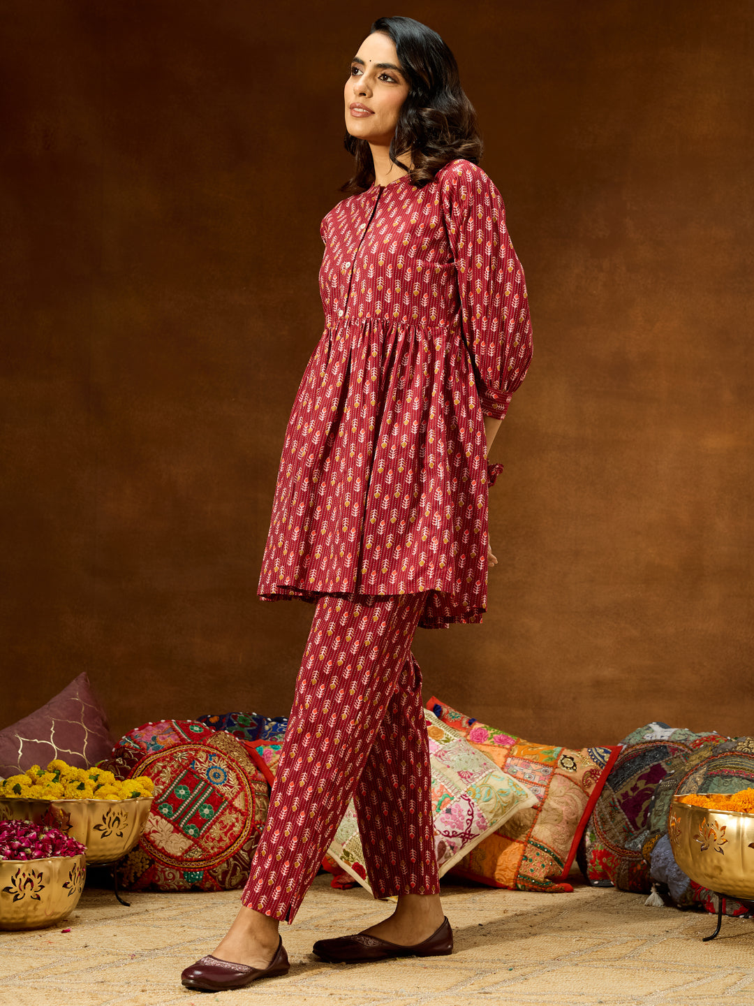 Naari By Shree Women's Maroon Pure Cotton Ethnic Motifs Printed Peplum Co-ord Set