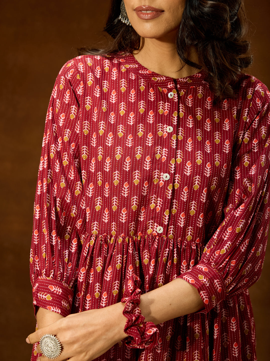 Naari By Shree Women's Maroon Pure Cotton Ethnic Motifs Printed Peplum Co-ord Set