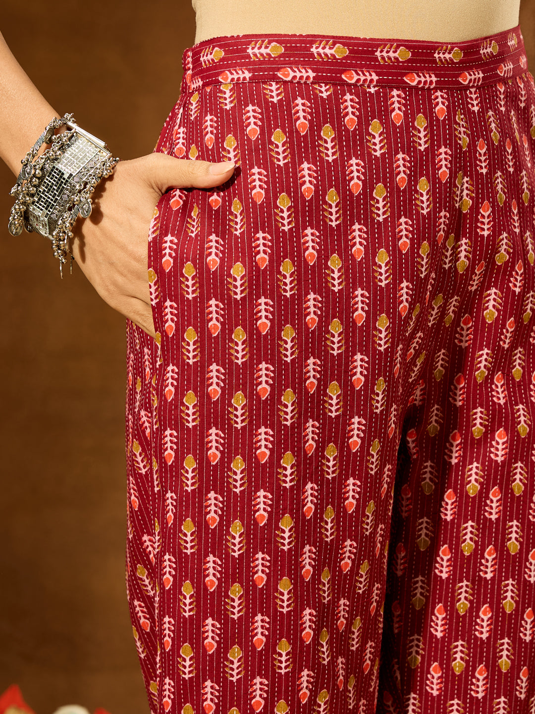 Naari By Shree Women's Maroon Pure Cotton Ethnic Motifs Printed Peplum Co-ord Set