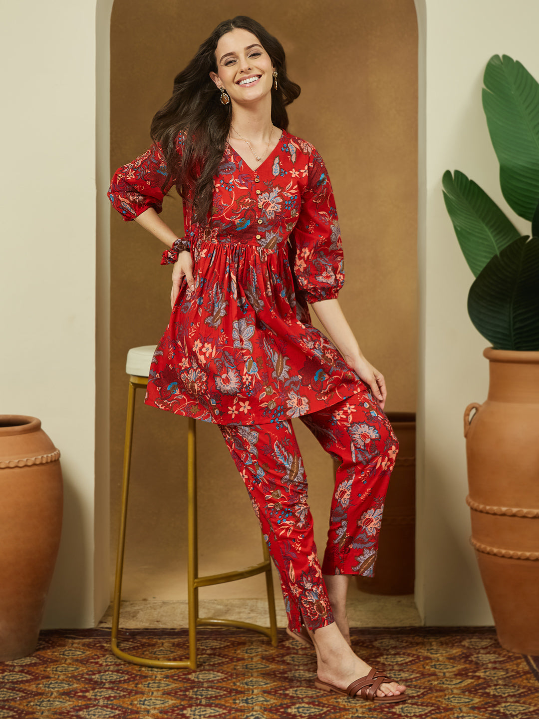 Naari By Shree Women's Red Pure Cotton Floral Printed Peplum Co-ord Set
