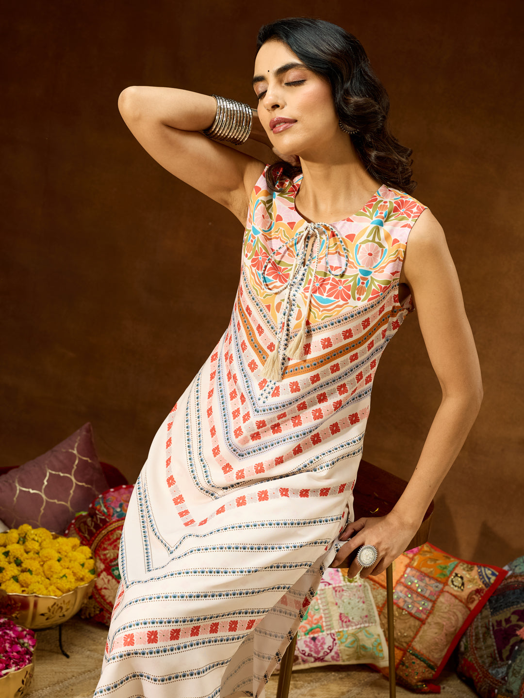 Naari By Shree Women's Cream Cotton Blend Floral Printed Straight Co-ord Set