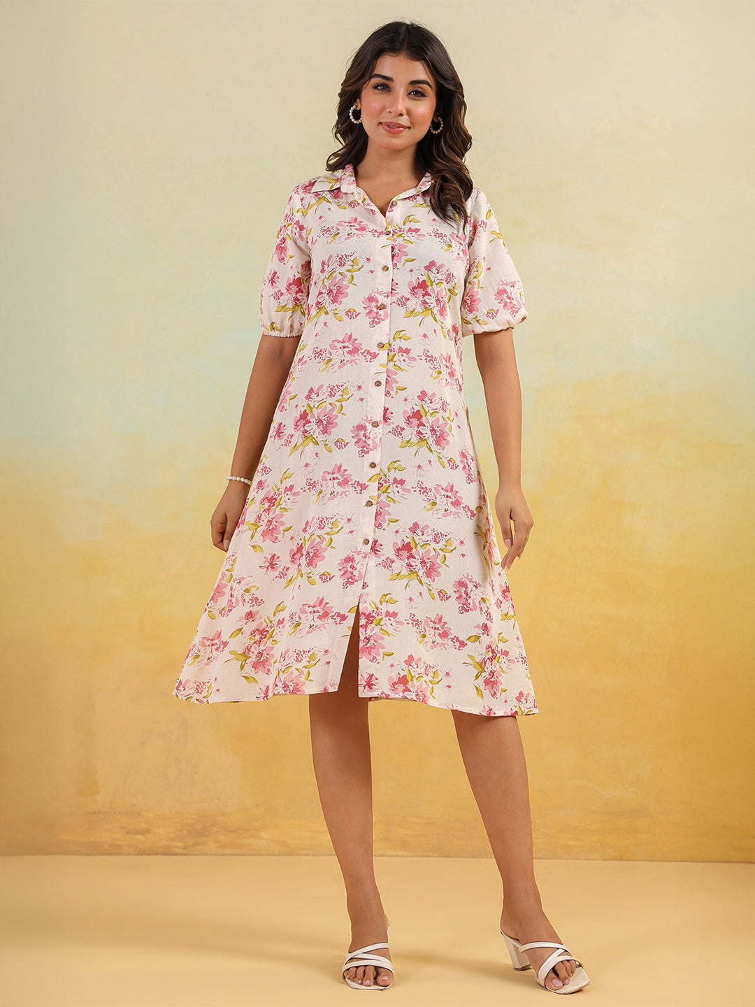 Naari By Shree Women's Off White Linen Cotton Floral Printed A-line Button Down Shirt Dress